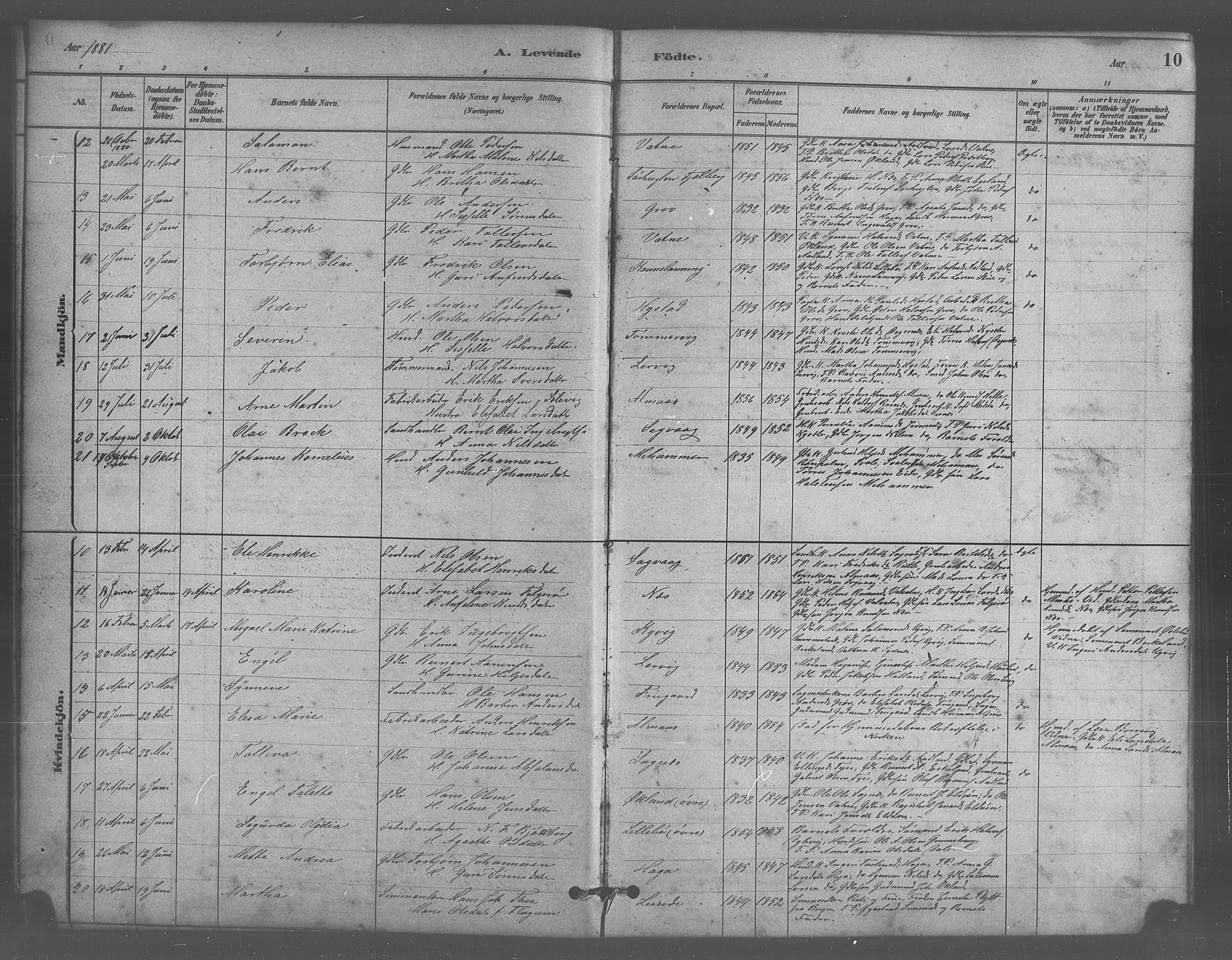Stord sokneprestembete, SAB/A-78201/H/Hab: Parish register (copy) no. A 2, 1879-1909, p. 10