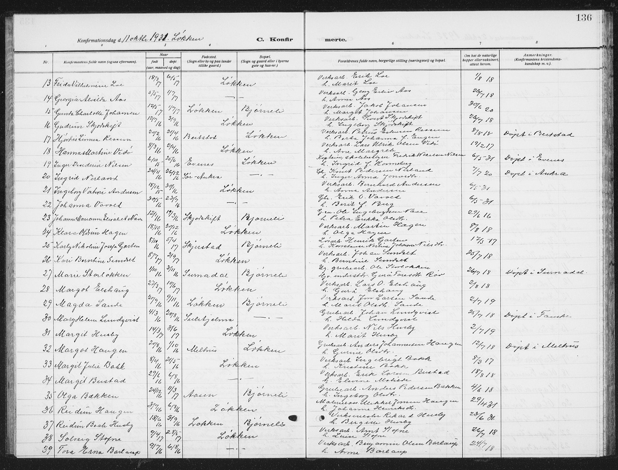 Ministerialprotokoller, klokkerbøker og fødselsregistre - Sør-Trøndelag, SAT/A-1456/672/L0866: Parish register (copy) no. 672C05, 1929-1939, p. 136
