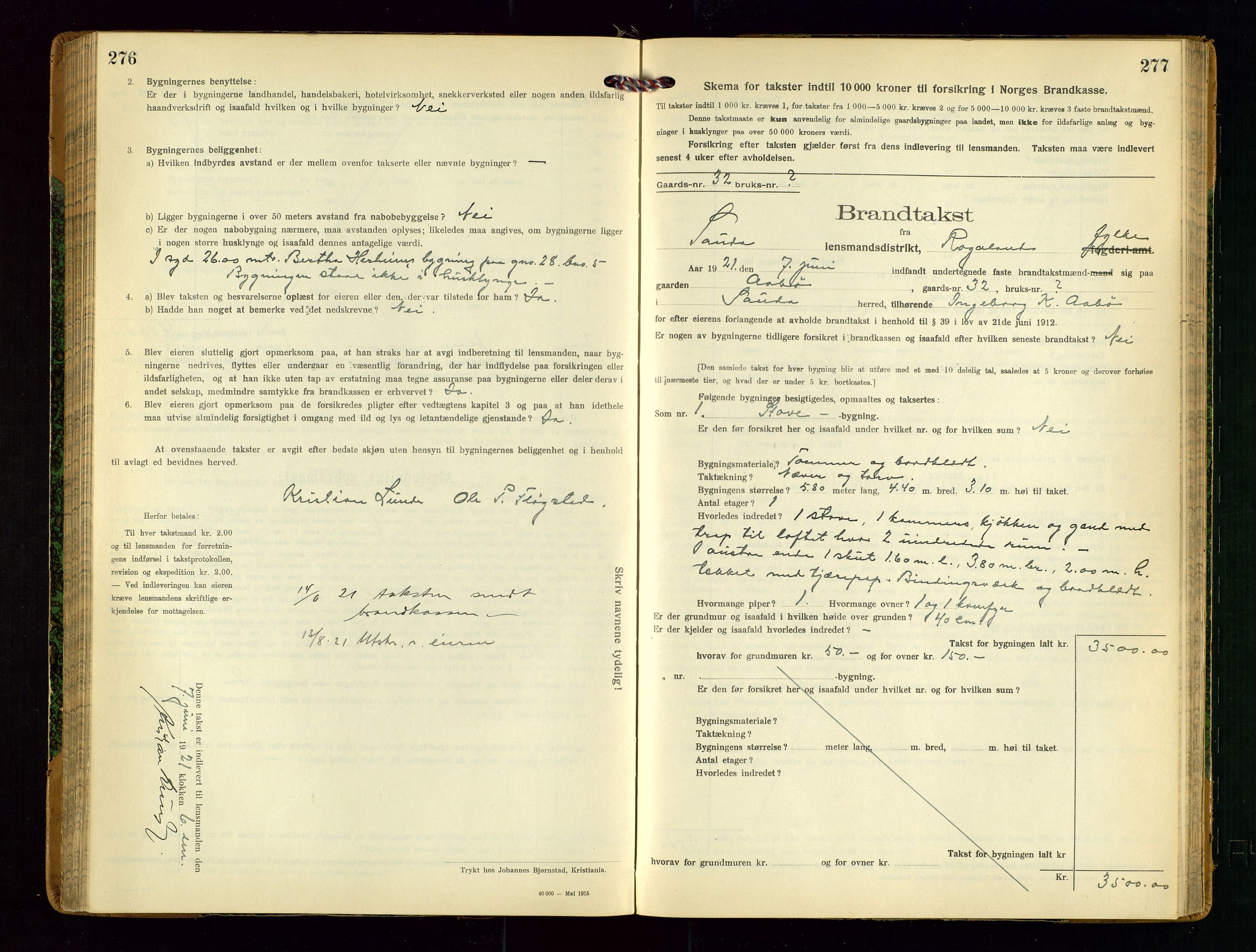 Sauda lensmannskontor, AV/SAST-A-100177/Gob/L0002: Branntakstprotokoll - skjematakst, 1916-1928, p. 276-277