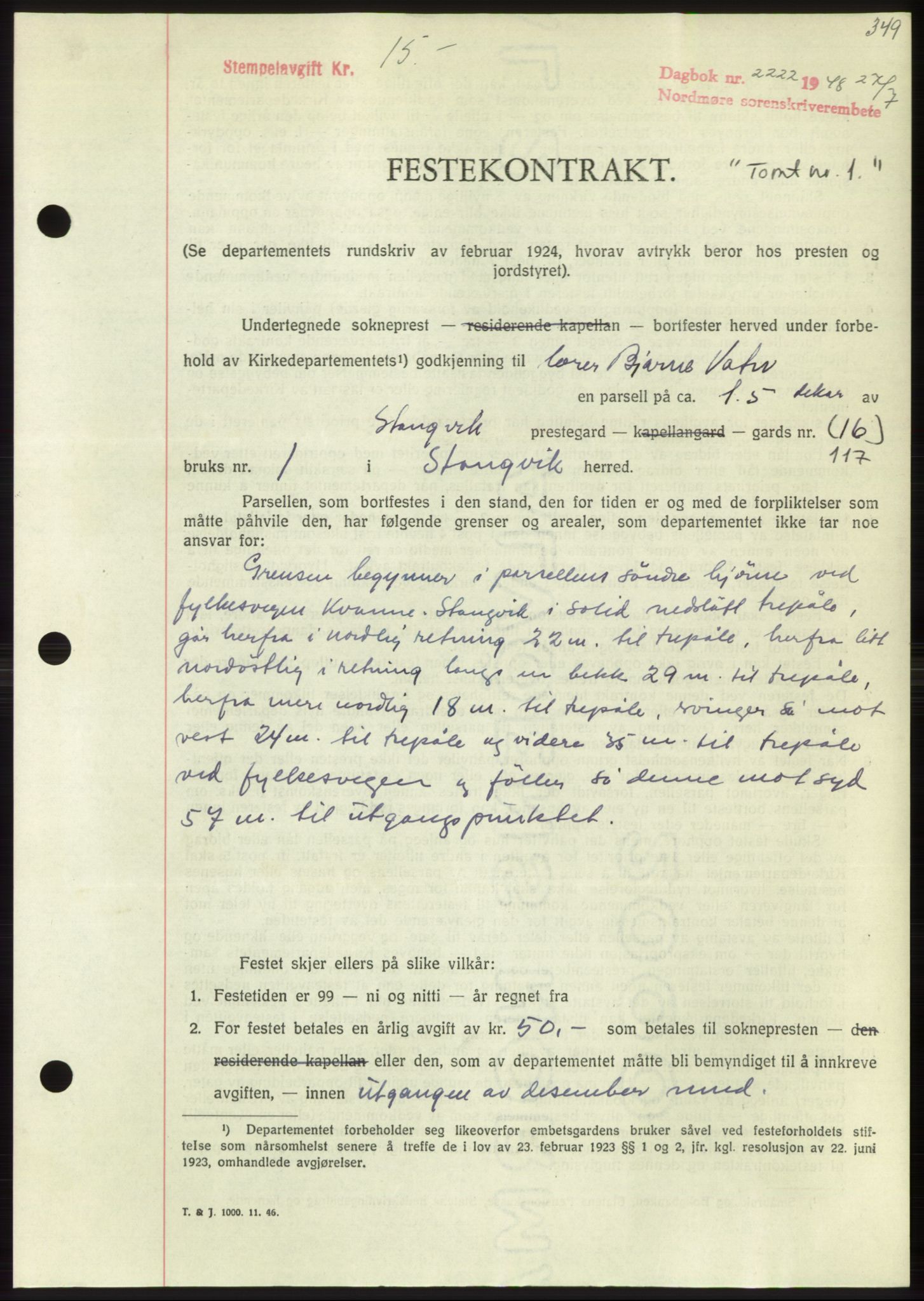 Nordmøre sorenskriveri, AV/SAT-A-4132/1/2/2Ca: Mortgage book no. B99, 1948-1948, Diary no: : 2222/1948