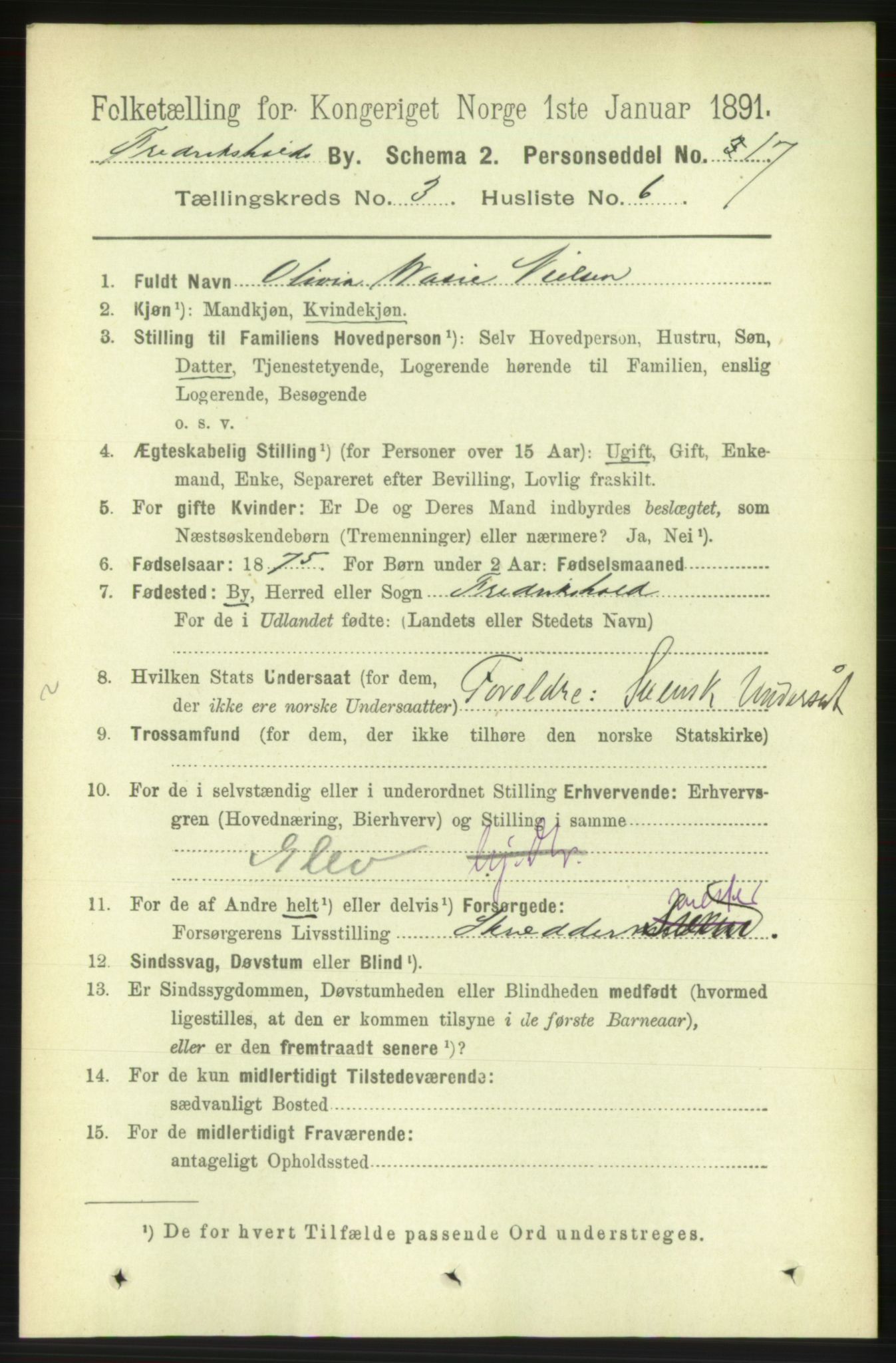 RA, 1891 census for 0101 Fredrikshald, 1891, p. 3325