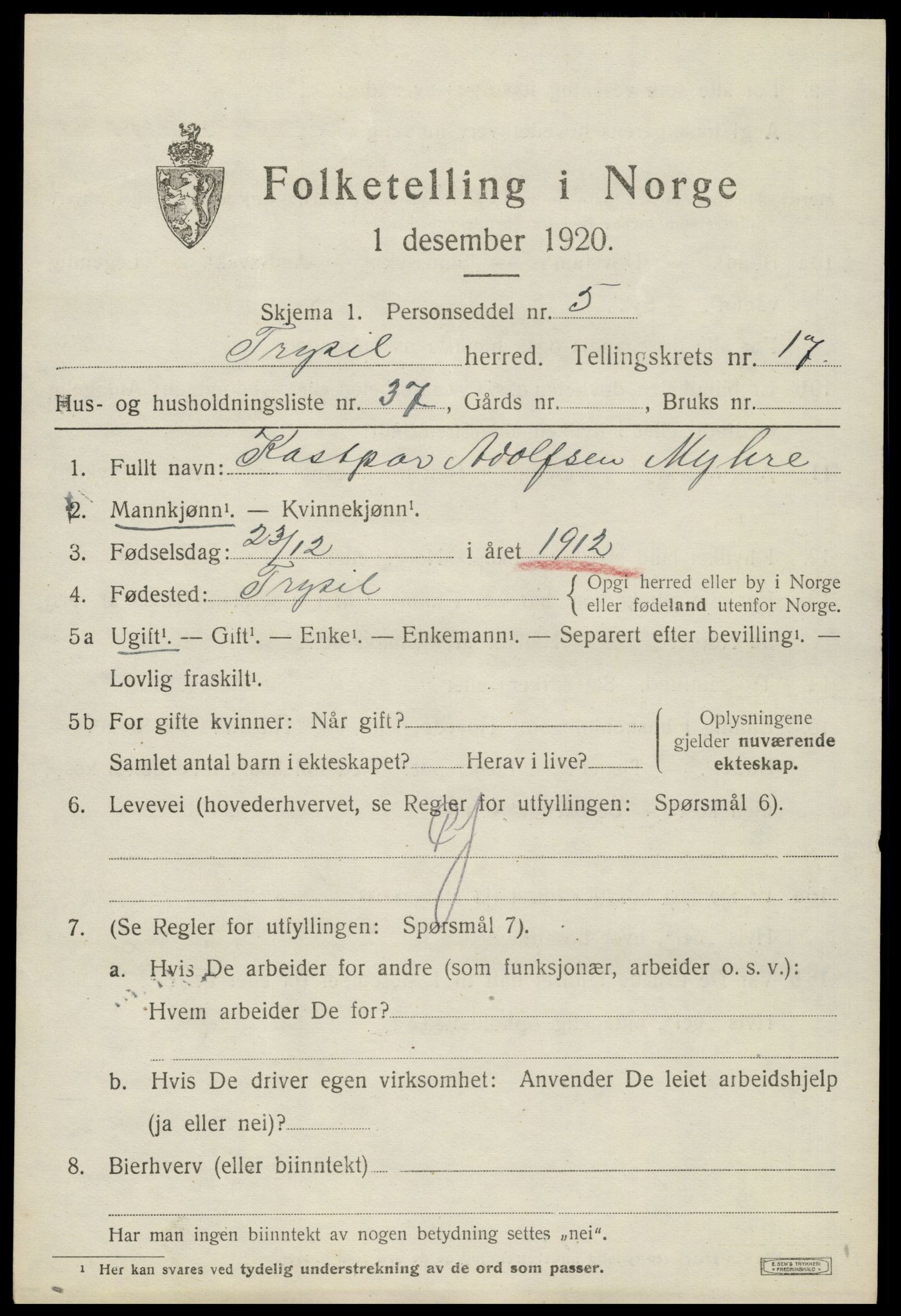 SAH, 1920 census for Trysil, 1920, p. 10631