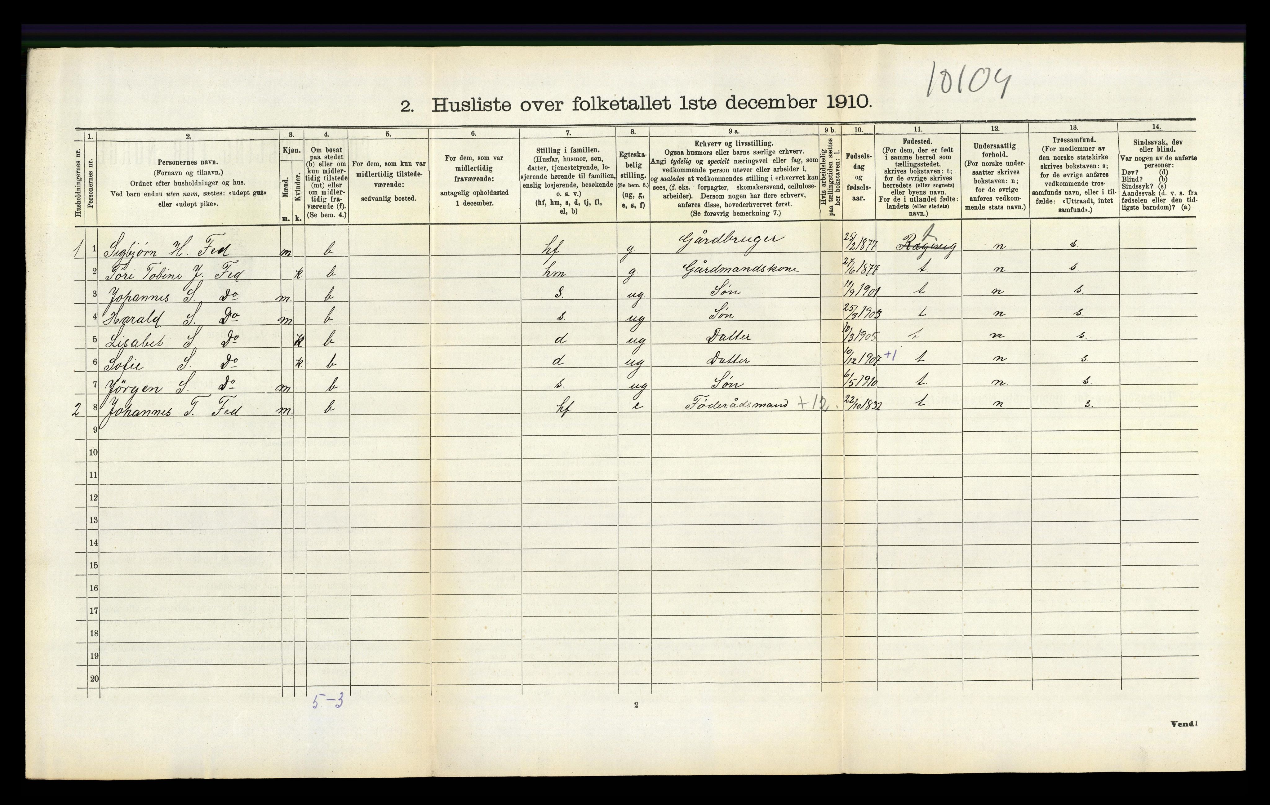 RA, 1910 census for Tonstad, 1910, p. 89