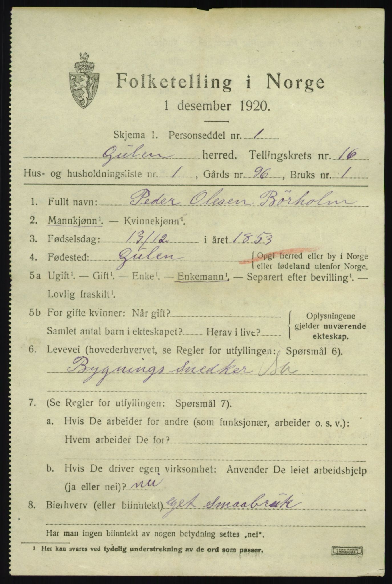 SAB, 1920 census for Gulen, 1920, p. 7165