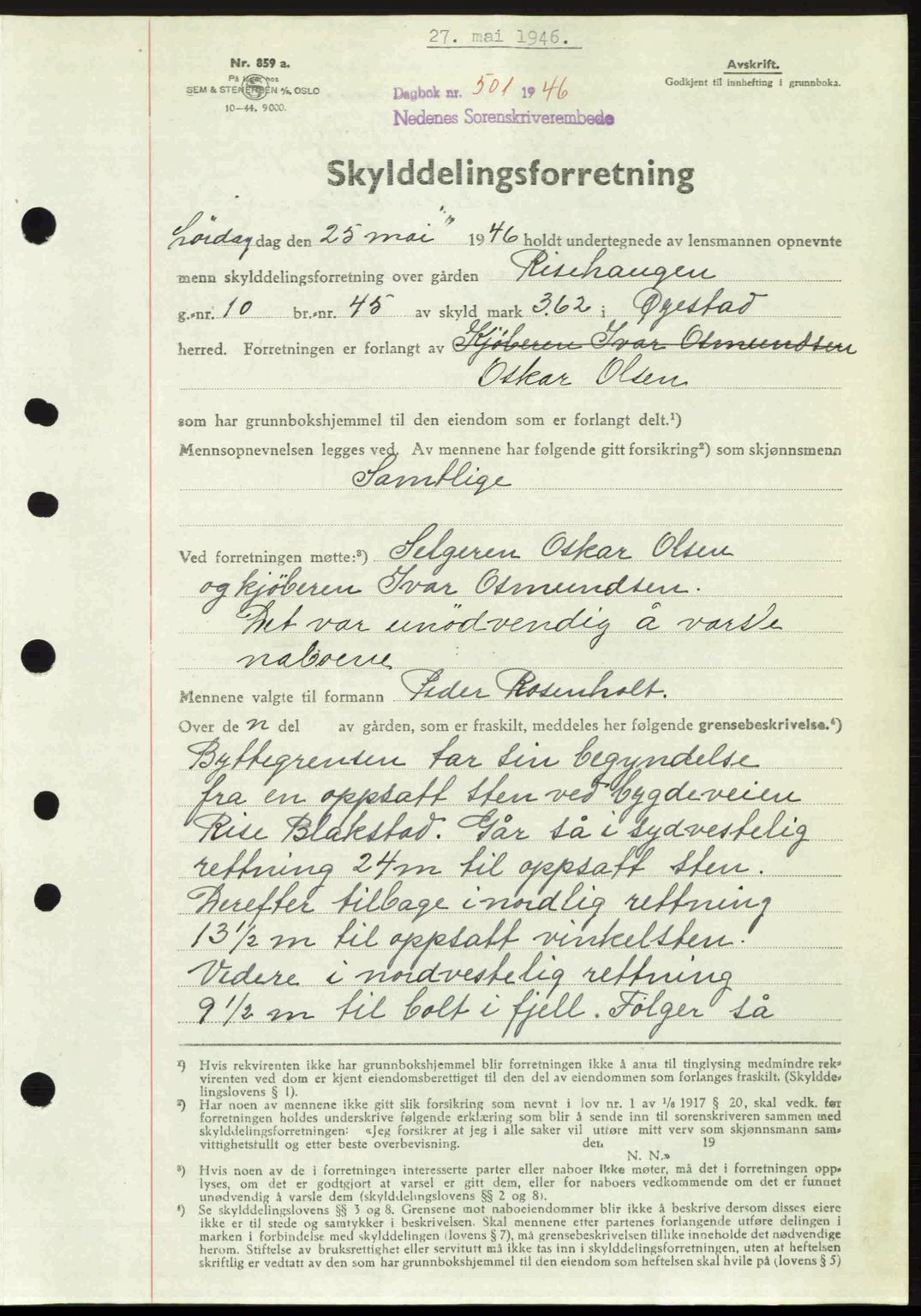 Nedenes sorenskriveri, AV/SAK-1221-0006/G/Gb/Gba/L0054: Mortgage book no. A6c, 1946-1946, Diary no: : 501/1946