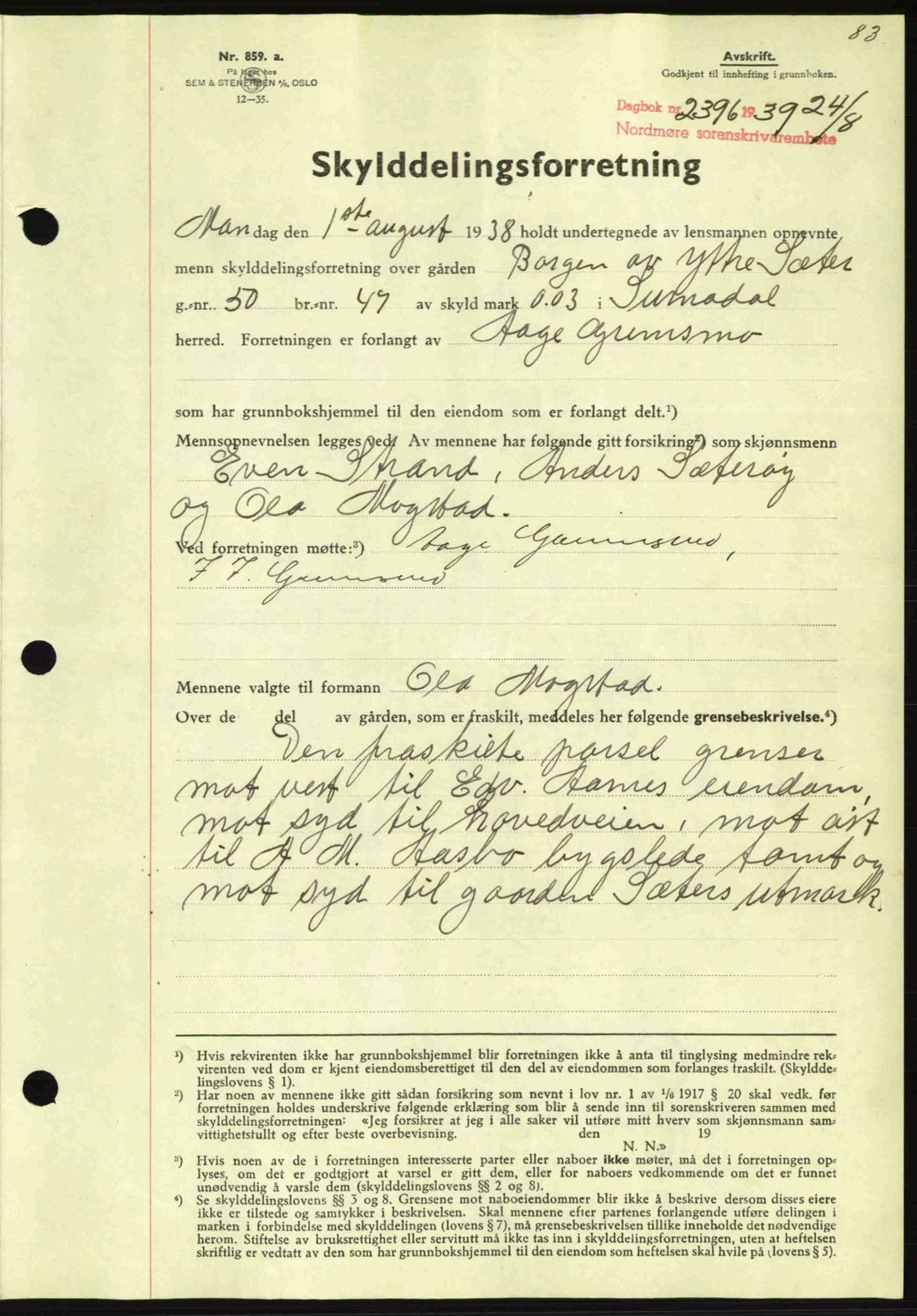 Nordmøre sorenskriveri, AV/SAT-A-4132/1/2/2Ca: Mortgage book no. A87, 1939-1940, Diary no: : 2396/1939