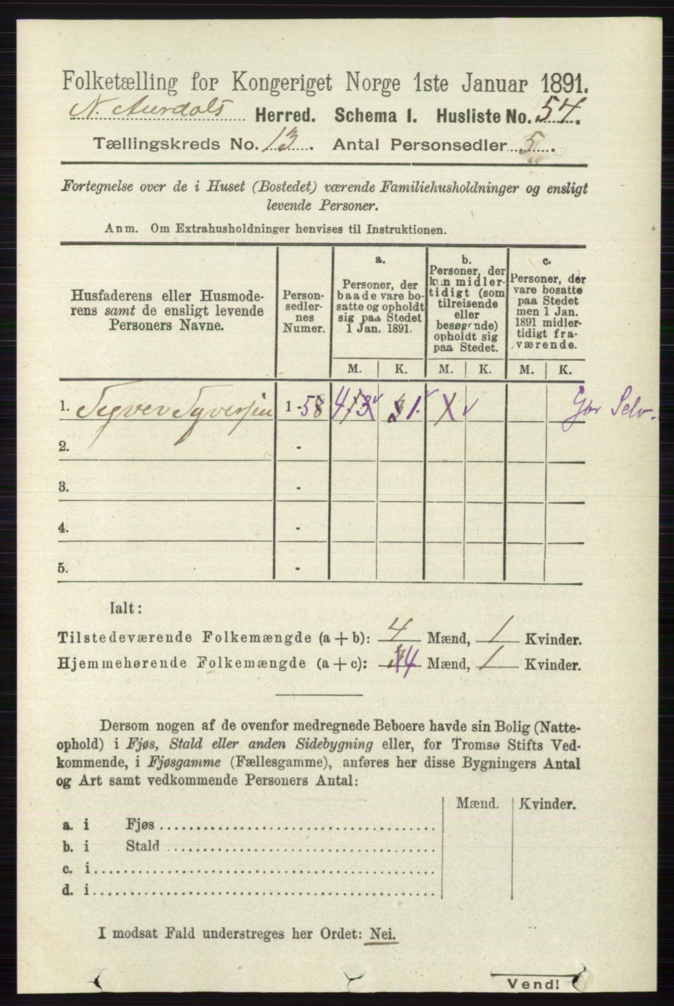 RA, 1891 census for 0542 Nord-Aurdal, 1891, p. 4749