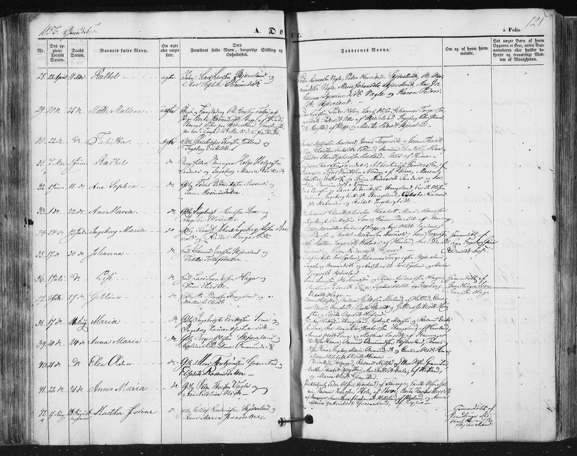 Høyland sokneprestkontor, AV/SAST-A-101799/001/30BA/L0008: Parish register (official) no. A 8, 1841-1856, p. 121