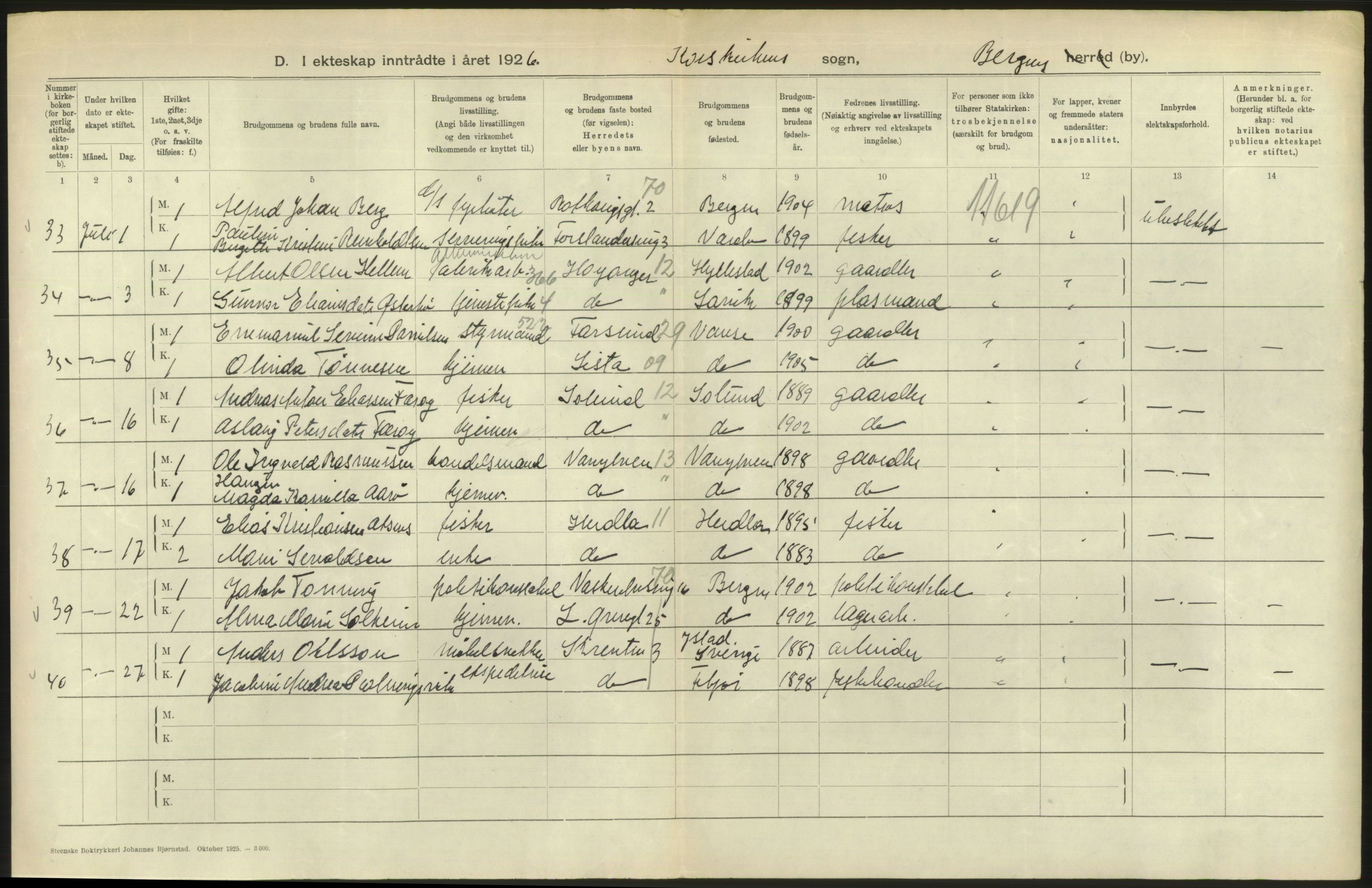 Statistisk sentralbyrå, Sosiodemografiske emner, Befolkning, AV/RA-S-2228/D/Df/Dfc/Dfcf/L0028: Bergen: Gifte, døde, dødfødte., 1926, p. 242