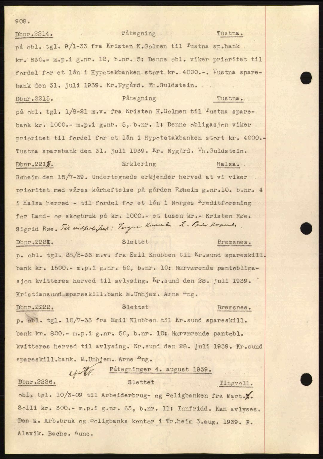 Nordmøre sorenskriveri, AV/SAT-A-4132/1/2/2Ca: Mortgage book no. C80, 1936-1939, Diary no: : 2214/1939