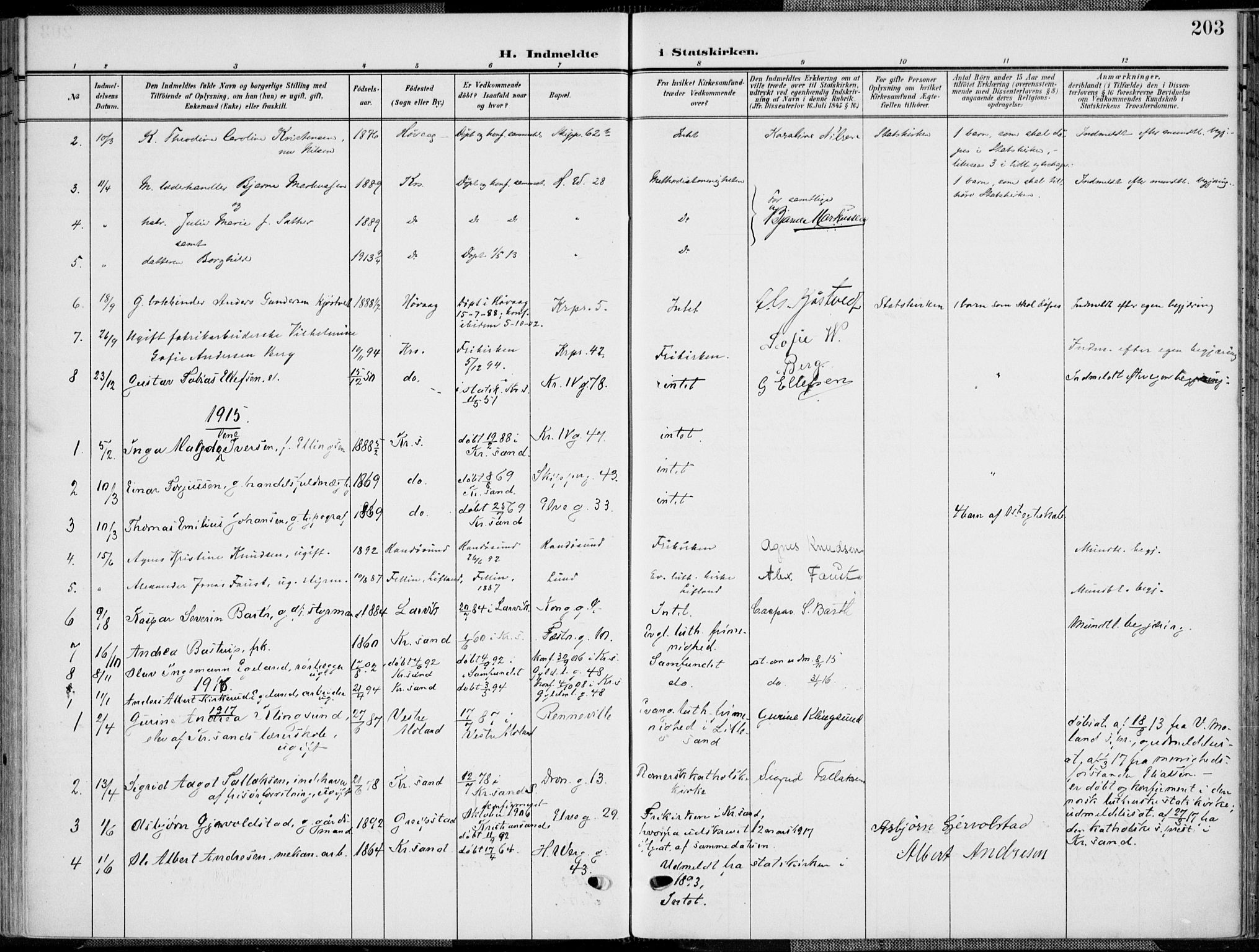 Kristiansand domprosti, SAK/1112-0006/F/Fa/L0022: Parish register (official) no. A 21, 1905-1916, p. 203