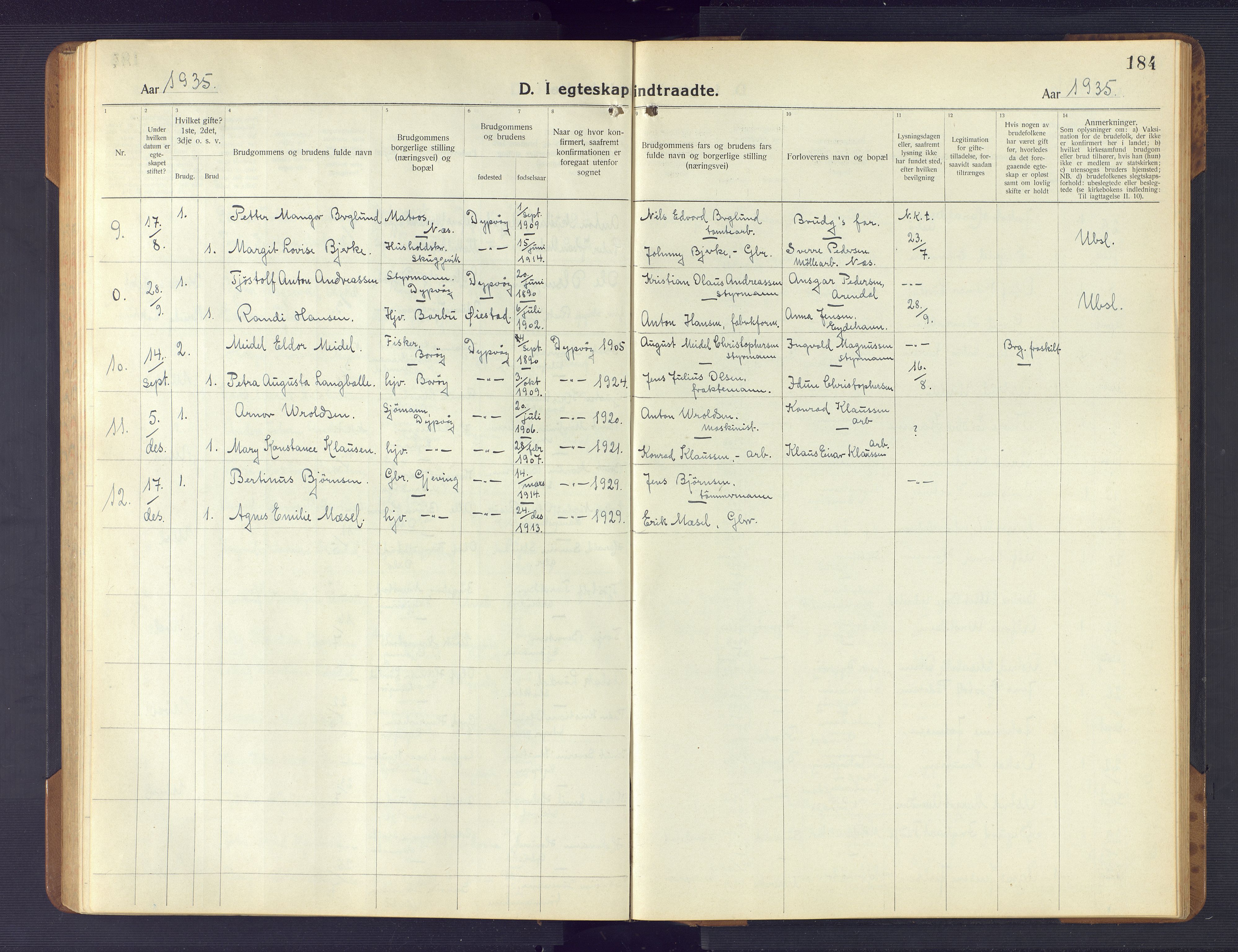 Dypvåg sokneprestkontor, AV/SAK-1111-0007/F/Fb/Fba/L0015: Parish register (copy) no. B 15, 1922-1949, p. 184