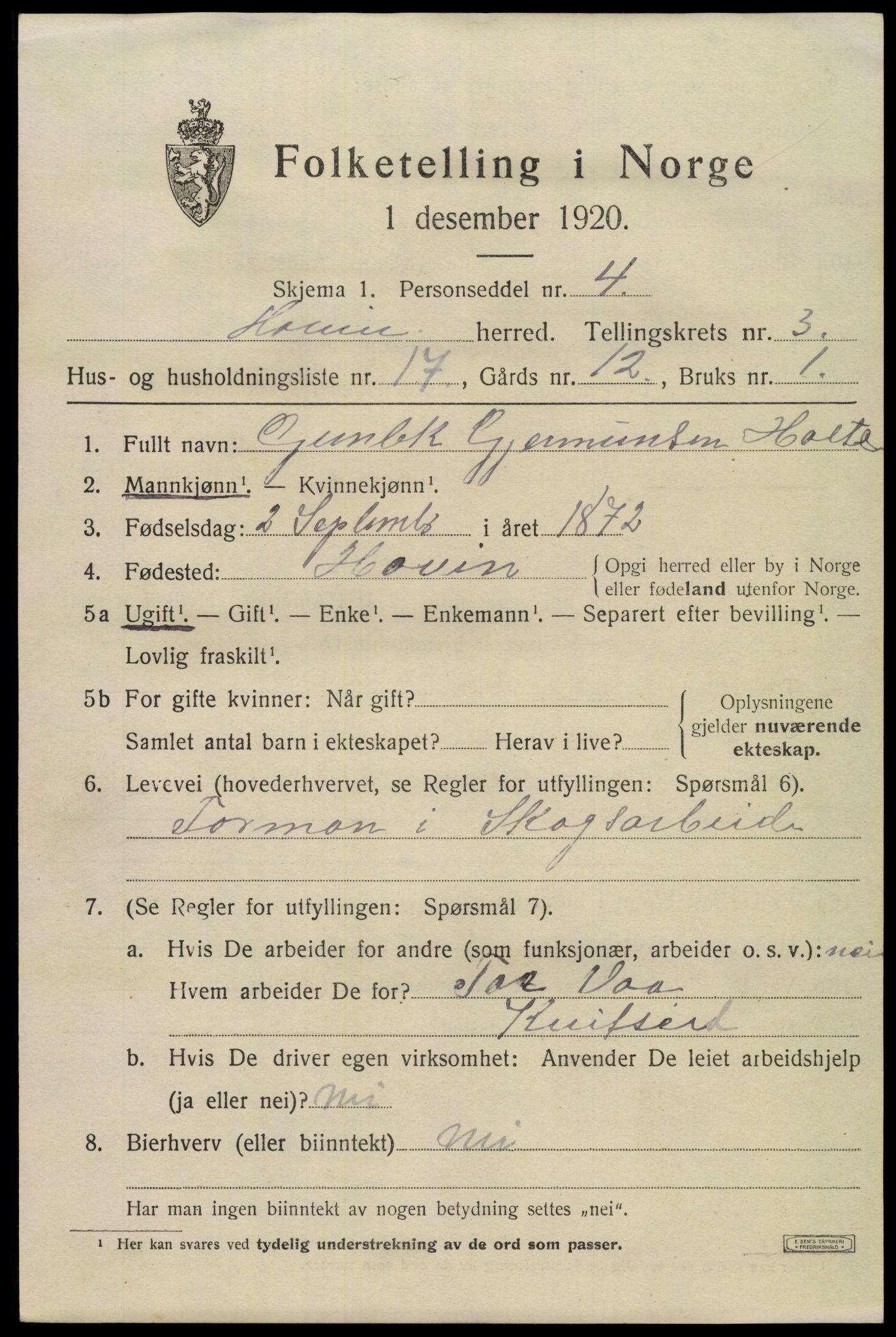 SAKO, 1920 census for Hovin, 1920, p. 1151