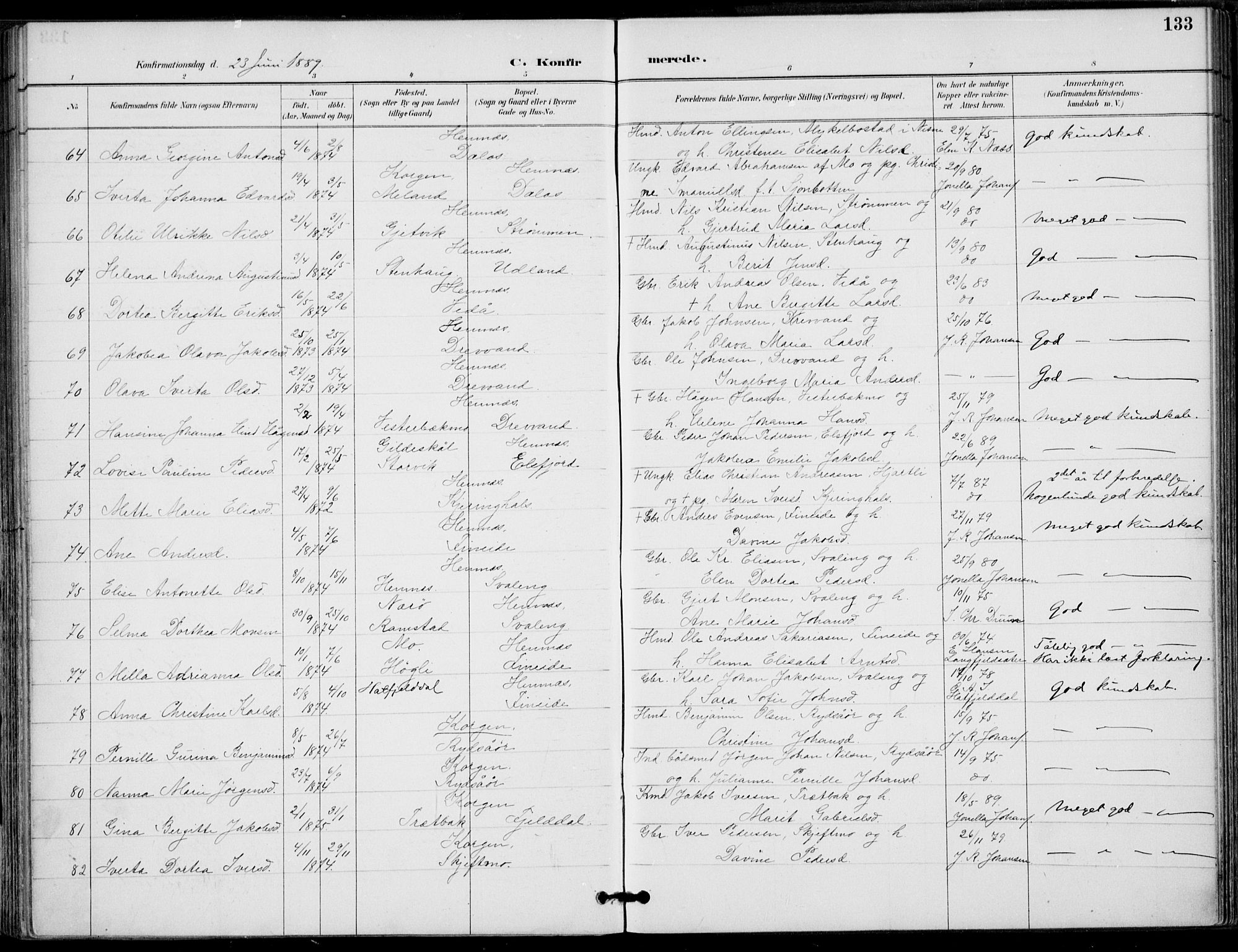 Ministerialprotokoller, klokkerbøker og fødselsregistre - Nordland, AV/SAT-A-1459/825/L0362: Parish register (official) no. 825A16, 1886-1908, p. 133