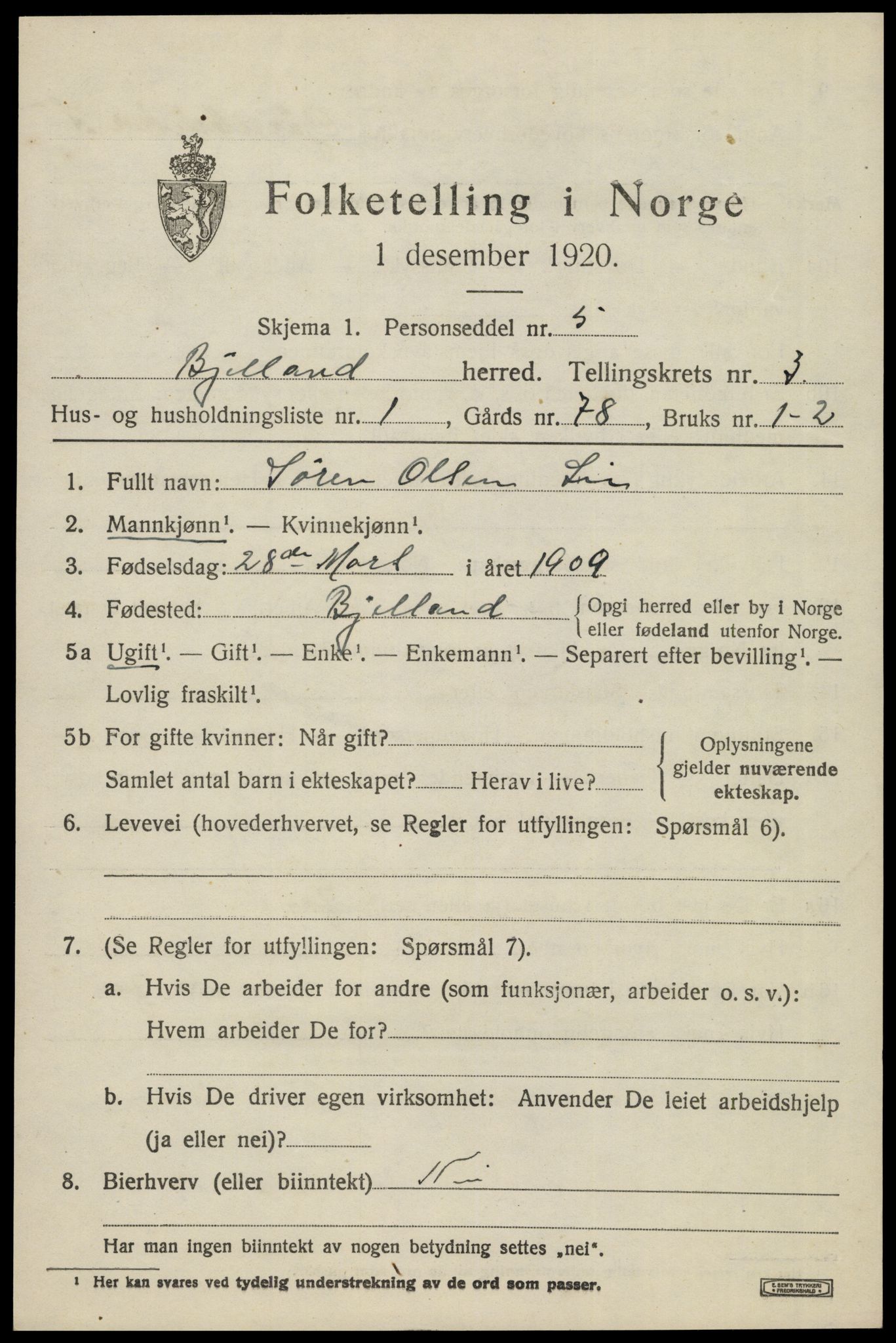 SAK, 1920 census for Bjelland, 1920, p. 961