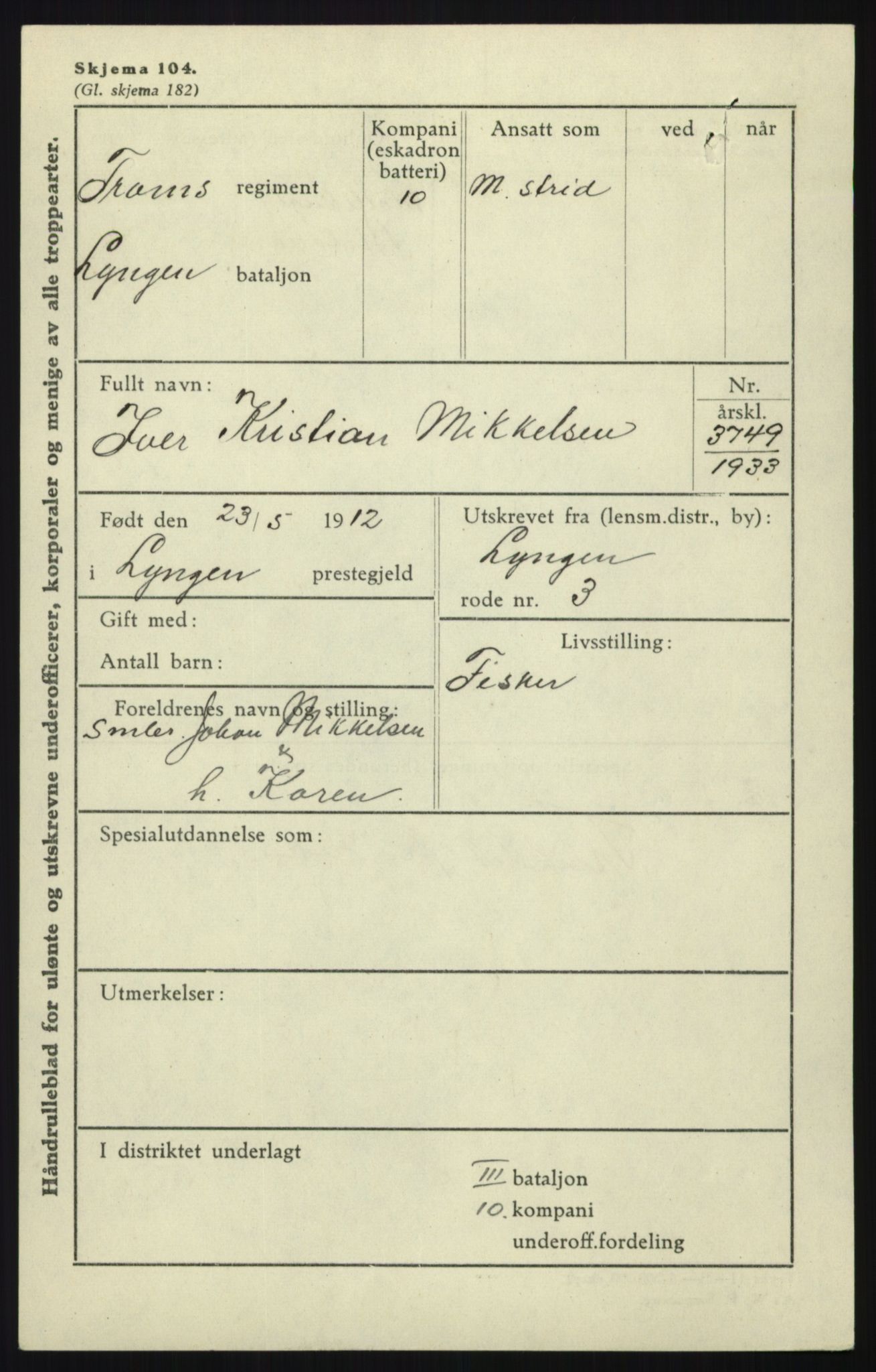 Forsvaret, Troms infanteriregiment nr. 16, AV/RA-RAFA-3146/P/Pa/L0017: Rulleblad for regimentets menige mannskaper, årsklasse 1933, 1933, p. 811