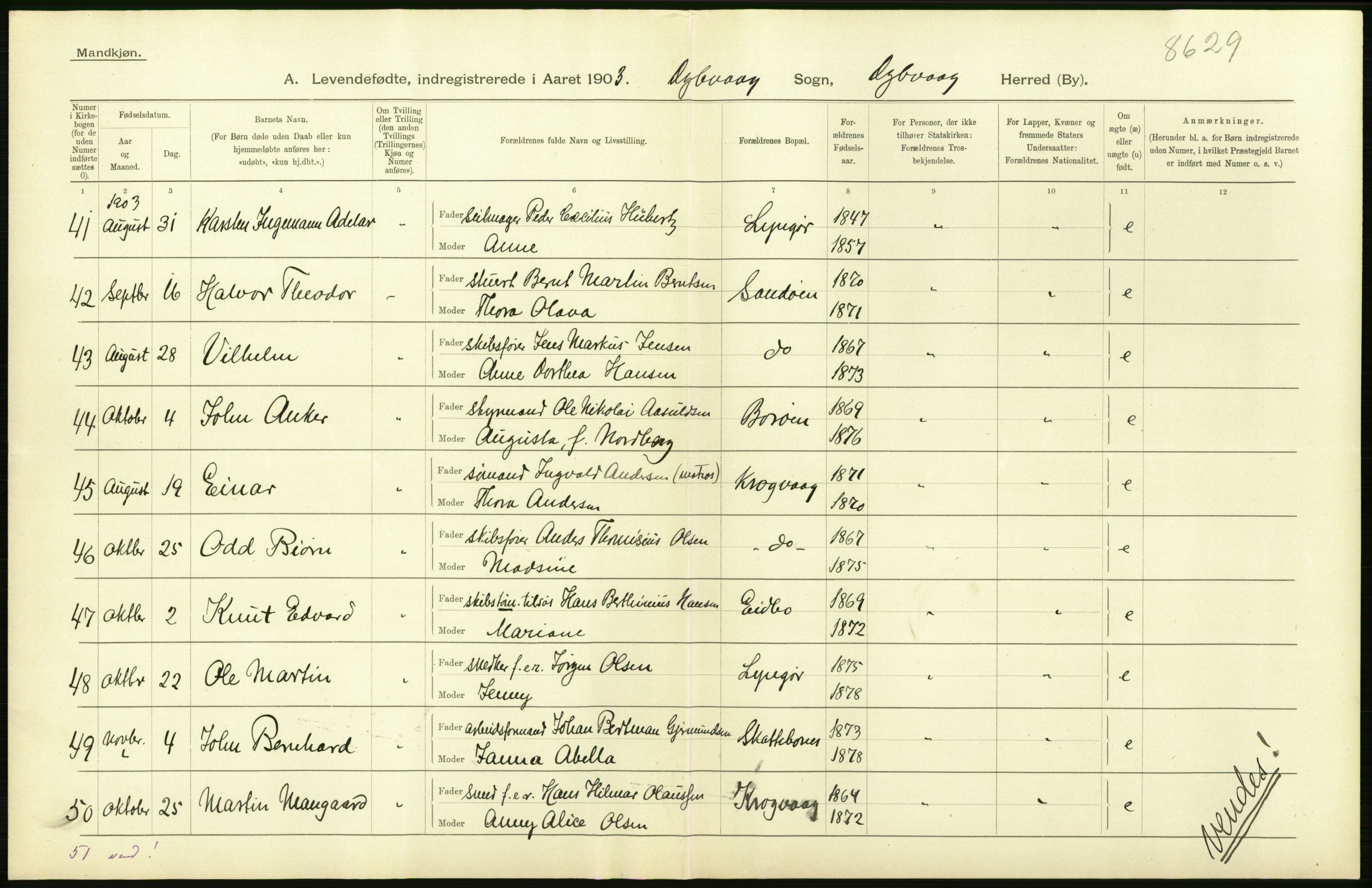 Statistisk sentralbyrå, Sosiodemografiske emner, Befolkning, AV/RA-S-2228/D/Df/Dfa/Dfaa/L0010: Nedenes amt: Fødte, gifte, døde, 1903, p. 8