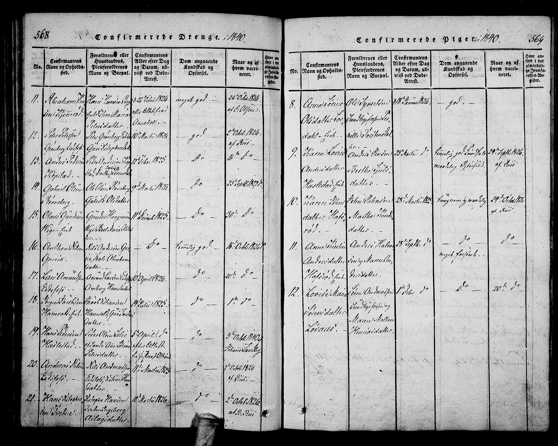 Hof kirkebøker, AV/SAKO-A-64/F/Fa/L0004: Parish register (official) no. I 4, 1814-1843, p. 568-569