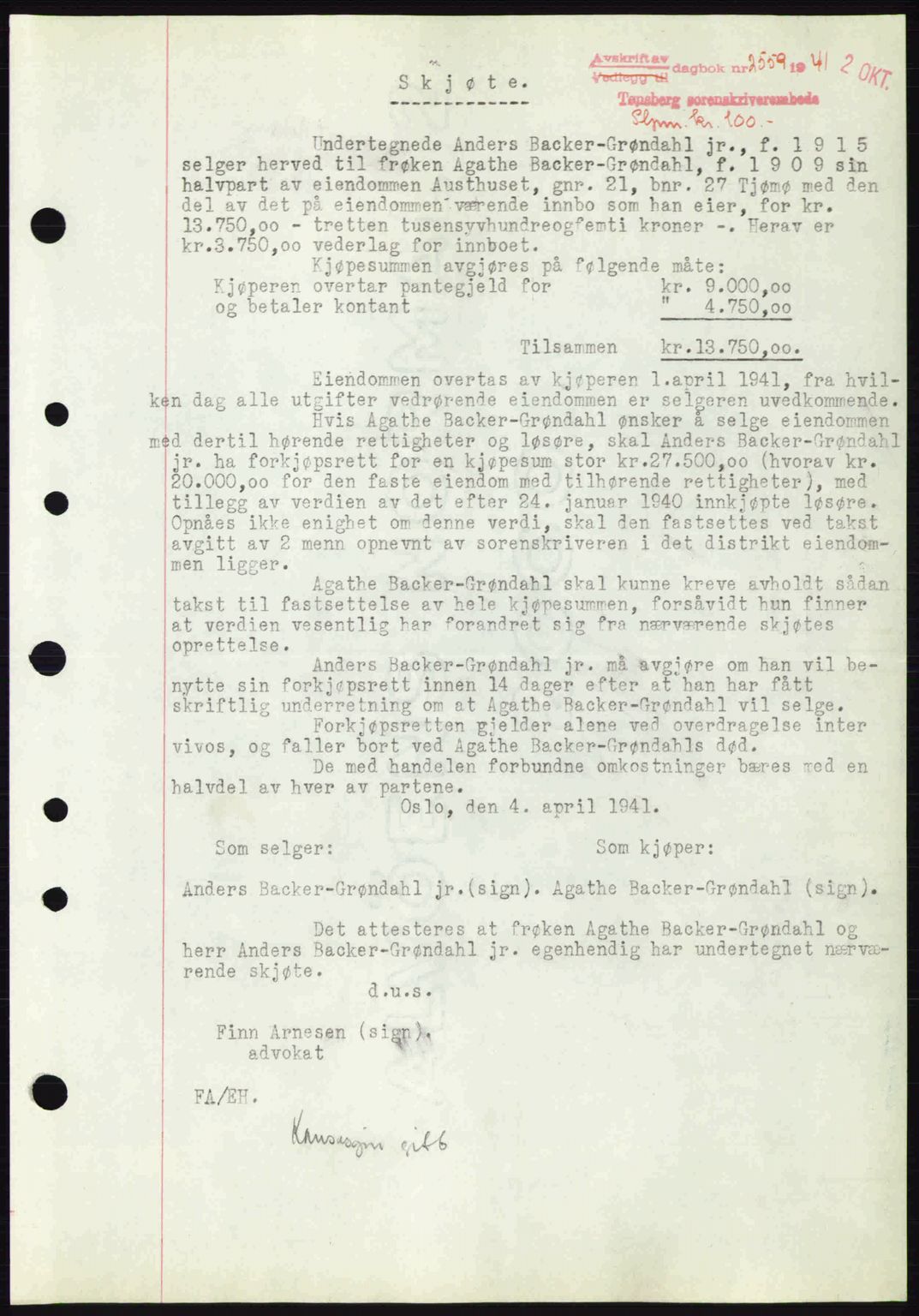 Tønsberg sorenskriveri, AV/SAKO-A-130/G/Ga/Gaa/L0010: Mortgage book no. A10, 1941-1941, Diary no: : 2559/1941