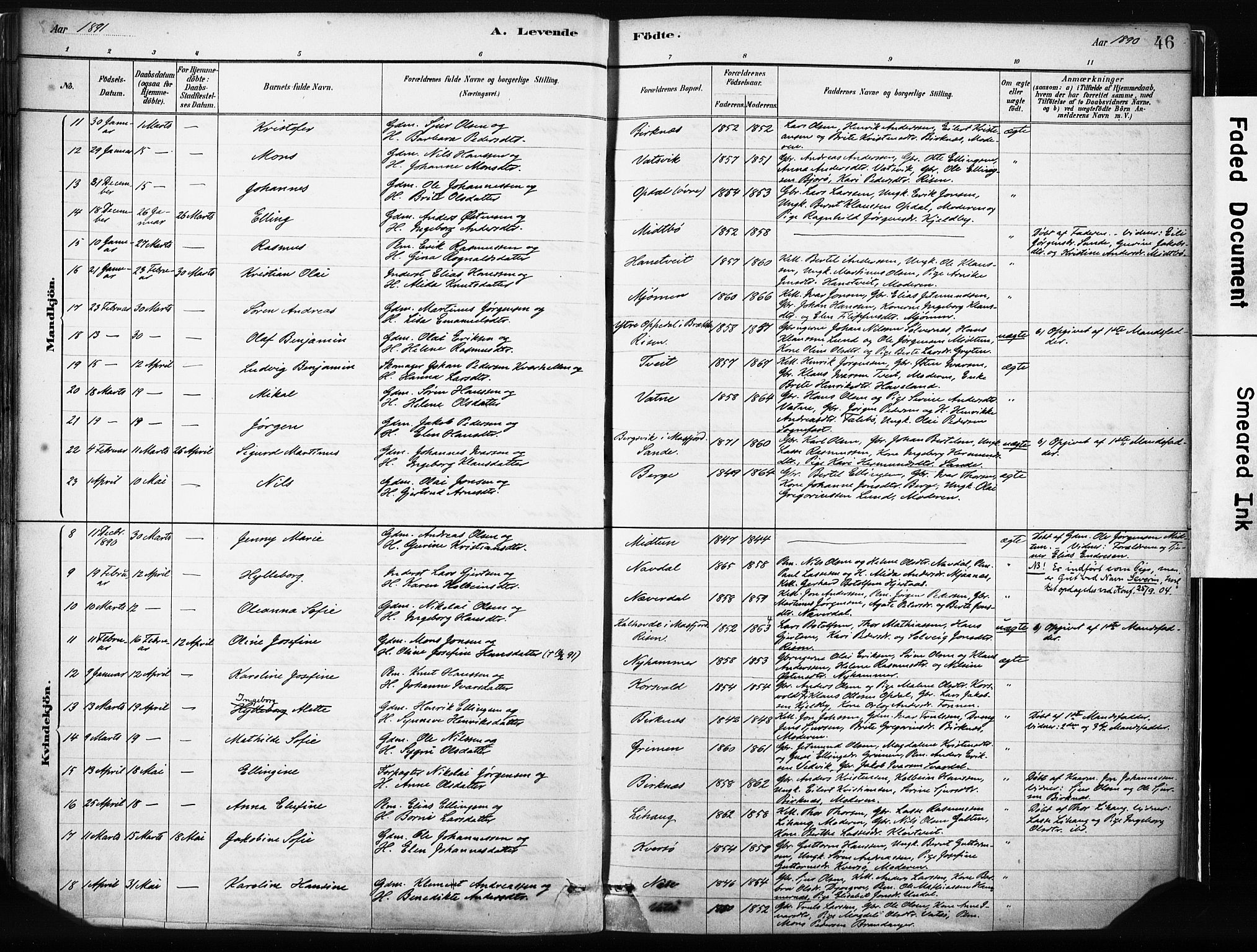 Gulen sokneprestembete, SAB/A-80201/H/Haa/Haab/L0001: Parish register (official) no. B 1, 1881-1905, p. 48(v) 46(h)