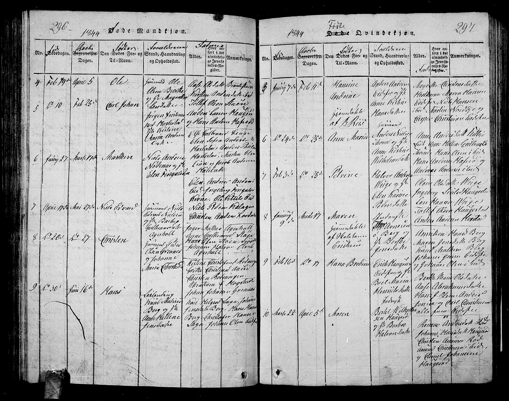 Hof kirkebøker, AV/SAKO-A-64/G/Ga/L0001: Parish register (copy) no. I 1, 1814-1844, p. 296-297