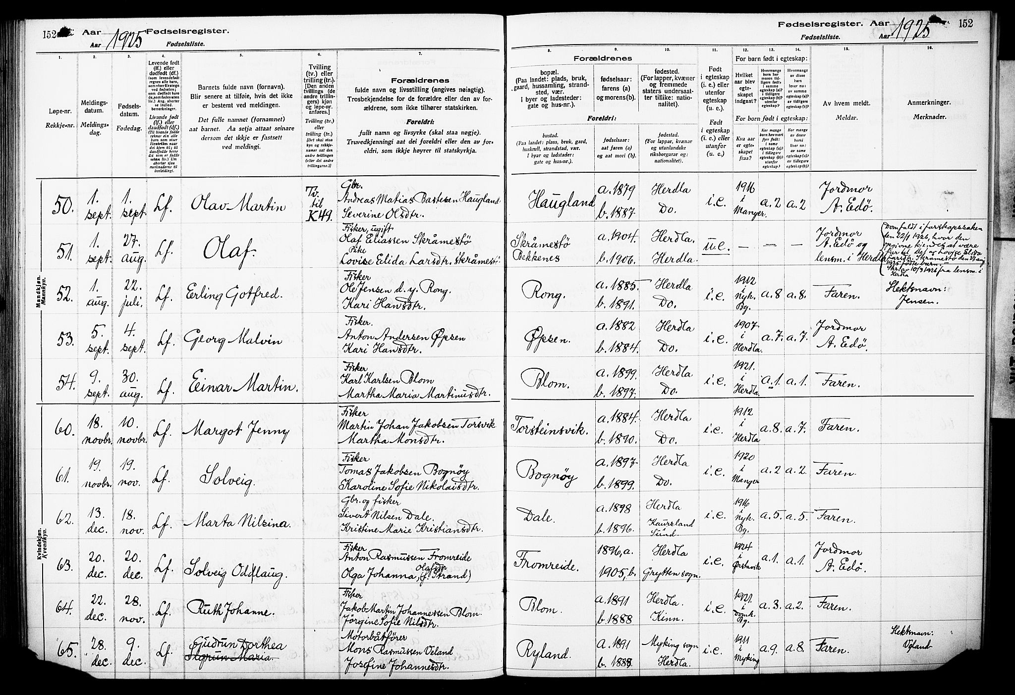 Herdla Sokneprestembete, AV/SAB-A-75701/I/Id/L00A1: Birth register no. A 1, 1916-1929, p. 152