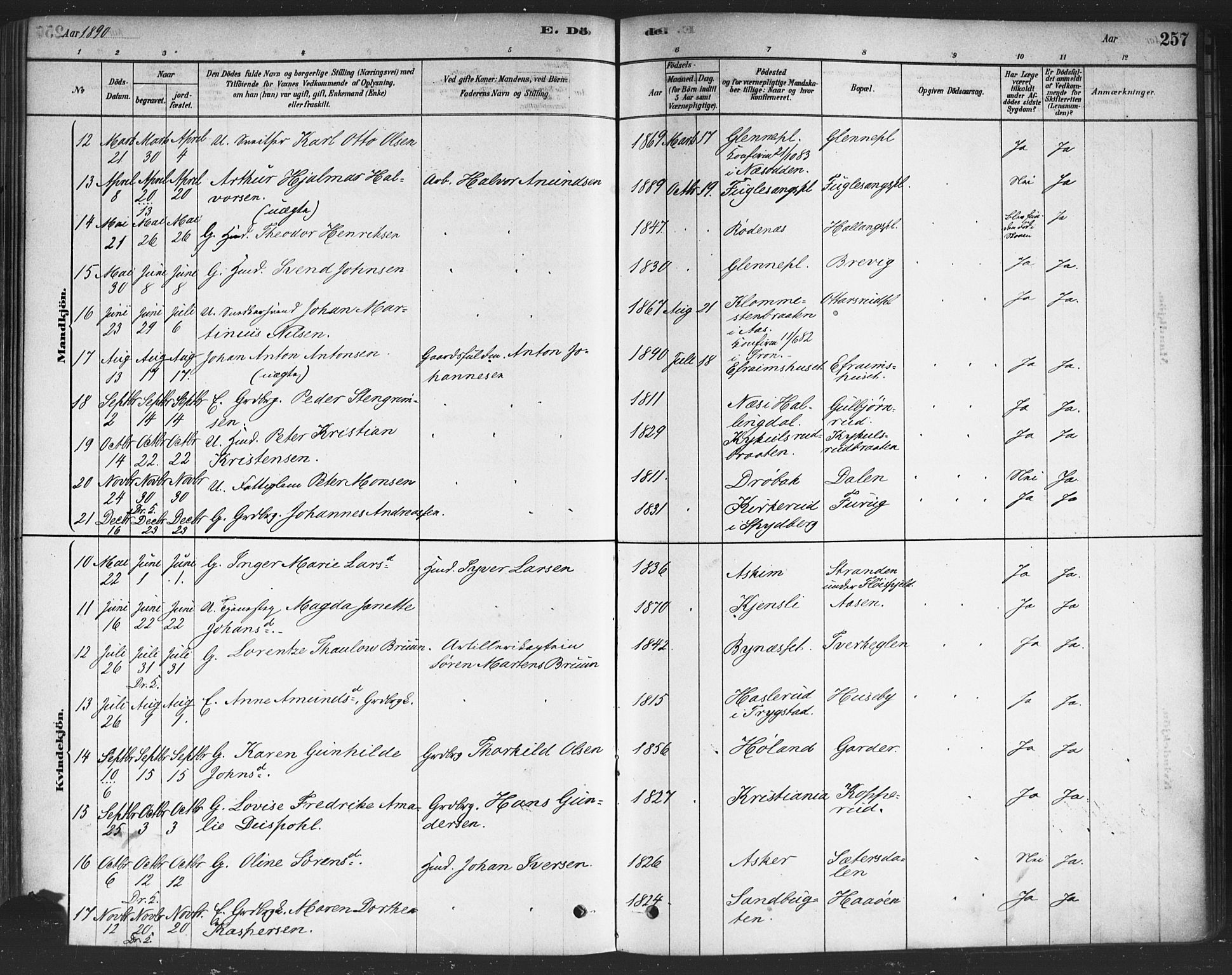 Drøbak prestekontor Kirkebøker, SAO/A-10142a/F/Fc/L0002: Parish register (official) no. III 2, 1878-1891, p. 257