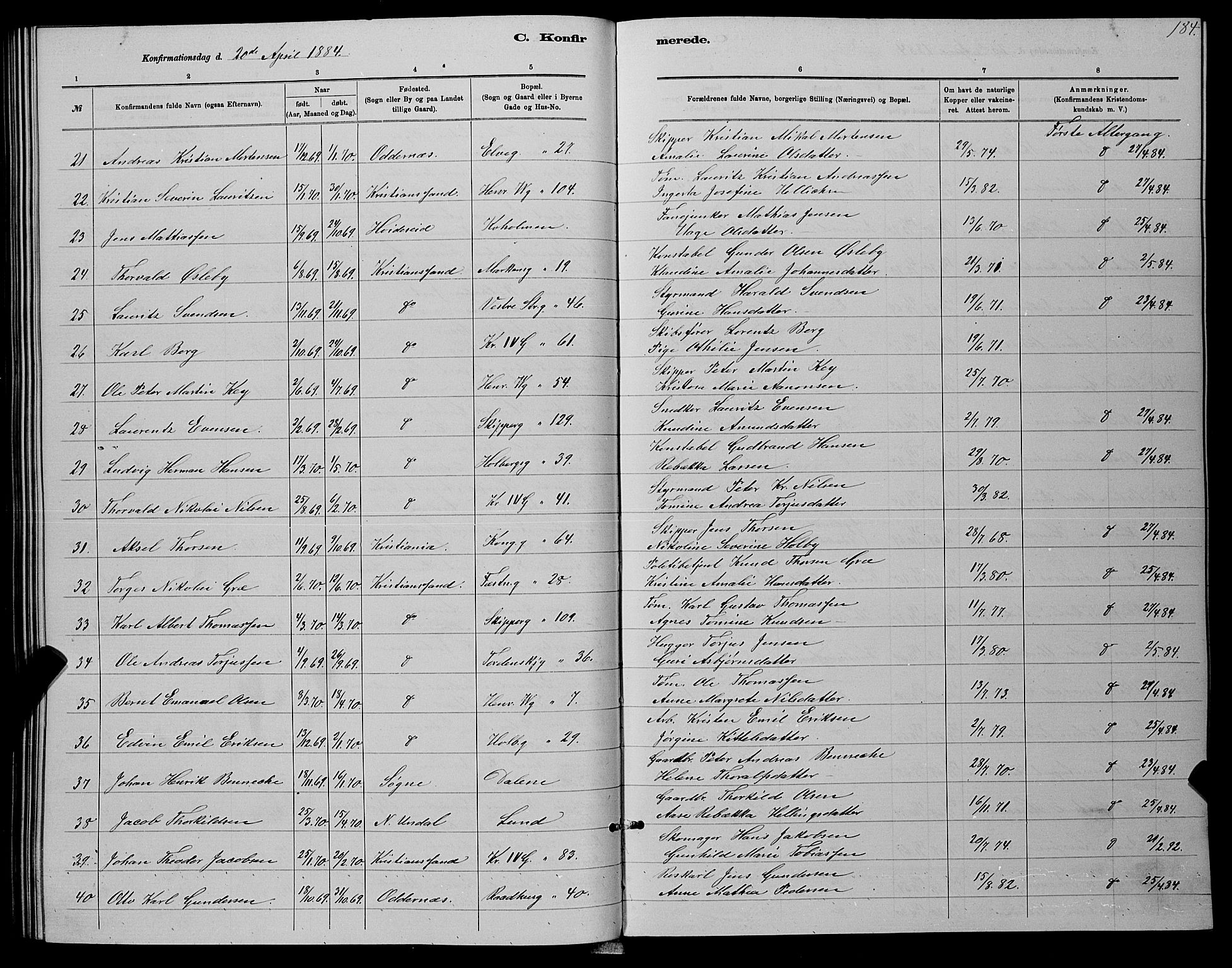 Kristiansand domprosti, AV/SAK-1112-0006/F/Fb/L0016: Parish register (copy) no. B 16, 1881-1893, p. 184