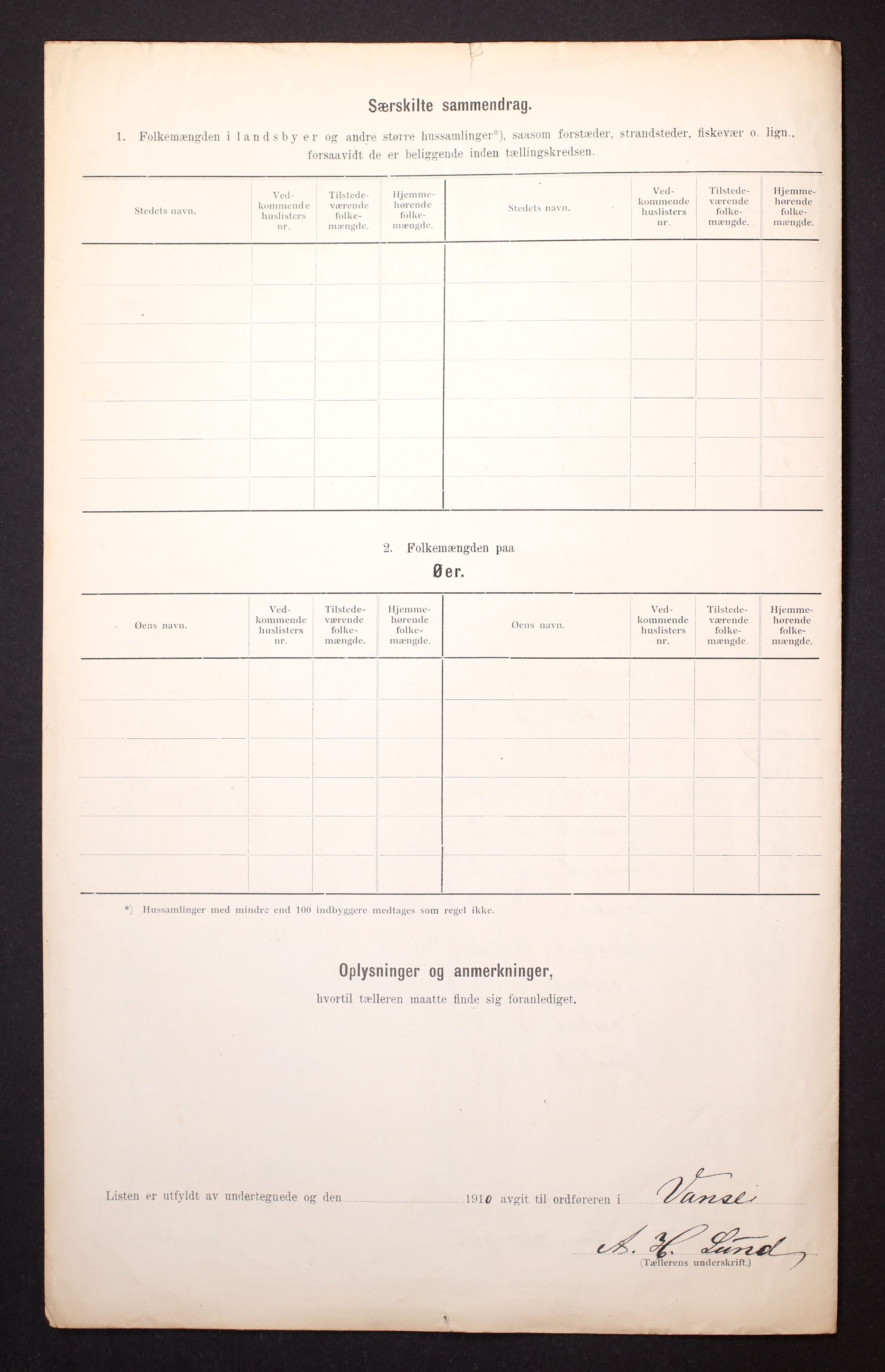 RA, 1910 census for Vanse, 1910, p. 71