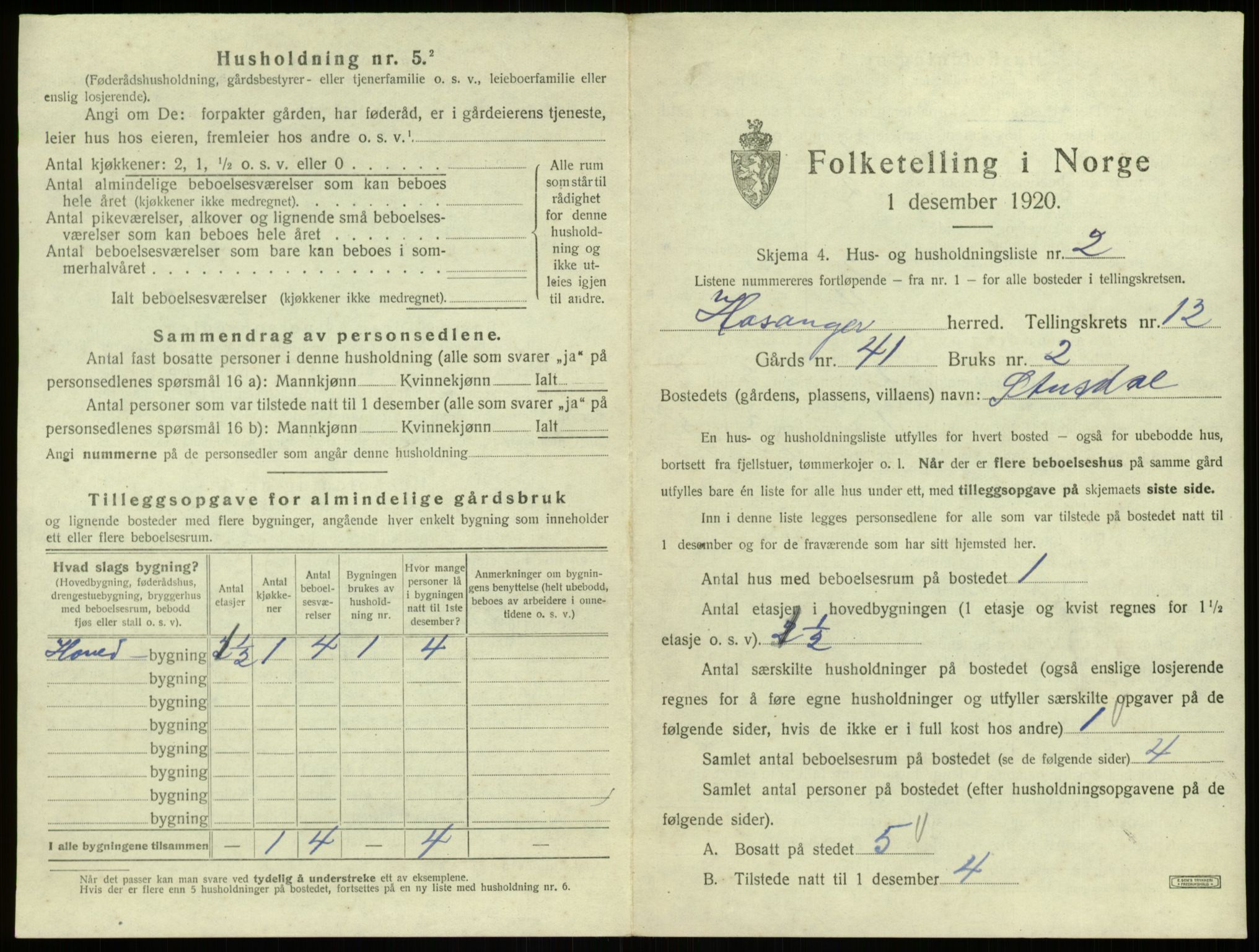 SAB, 1920 census for Hosanger, 1920, p. 646