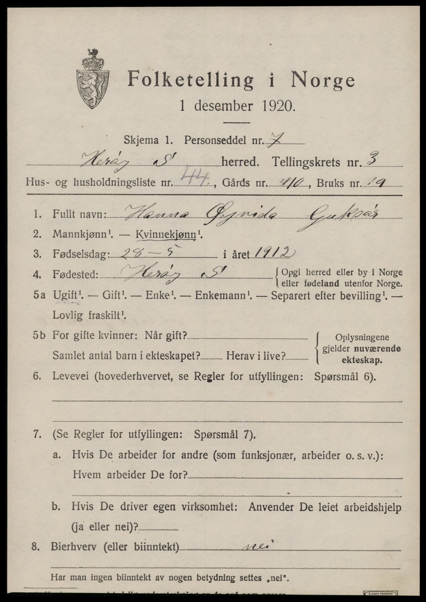 SAT, 1920 census for Herøy (MR), 1920, p. 2833