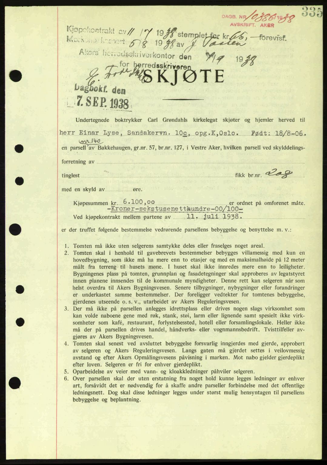 Aker herredsskriveri, SAO/A-10896/G/Gb/Gba/Gbab/L0025: Mortgage book no. A154-155, 1938-1938, Diary no: : 10386/1938