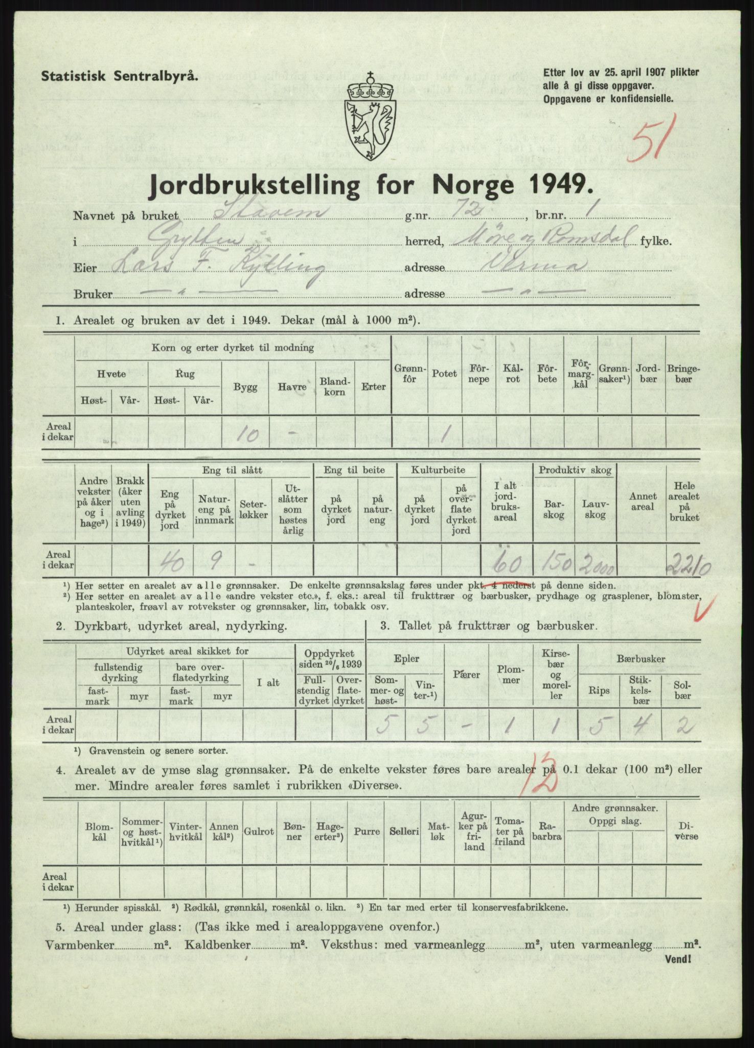 Statistisk sentralbyrå, Næringsøkonomiske emner, Jordbruk, skogbruk, jakt, fiske og fangst, AV/RA-S-2234/G/Gc/L0323: Møre og Romsdal: Grytten og Hen, 1949, p. 301