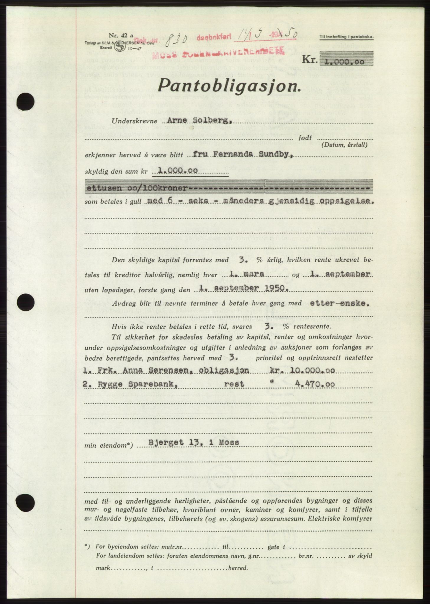 Moss sorenskriveri, AV/SAO-A-10168: Mortgage book no. B24, 1950-1950, Diary no: : 830/1950