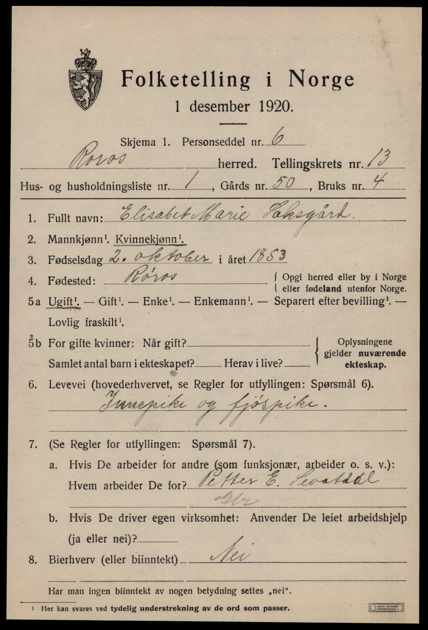 SAT, 1920 census for Røros, 1920, p. 9374