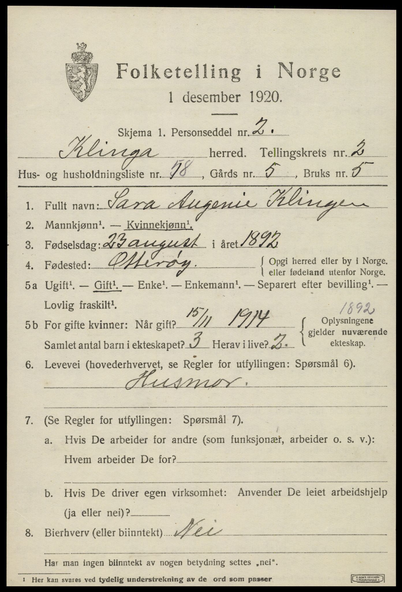 SAT, 1920 census for Klinga, 1920, p. 2053