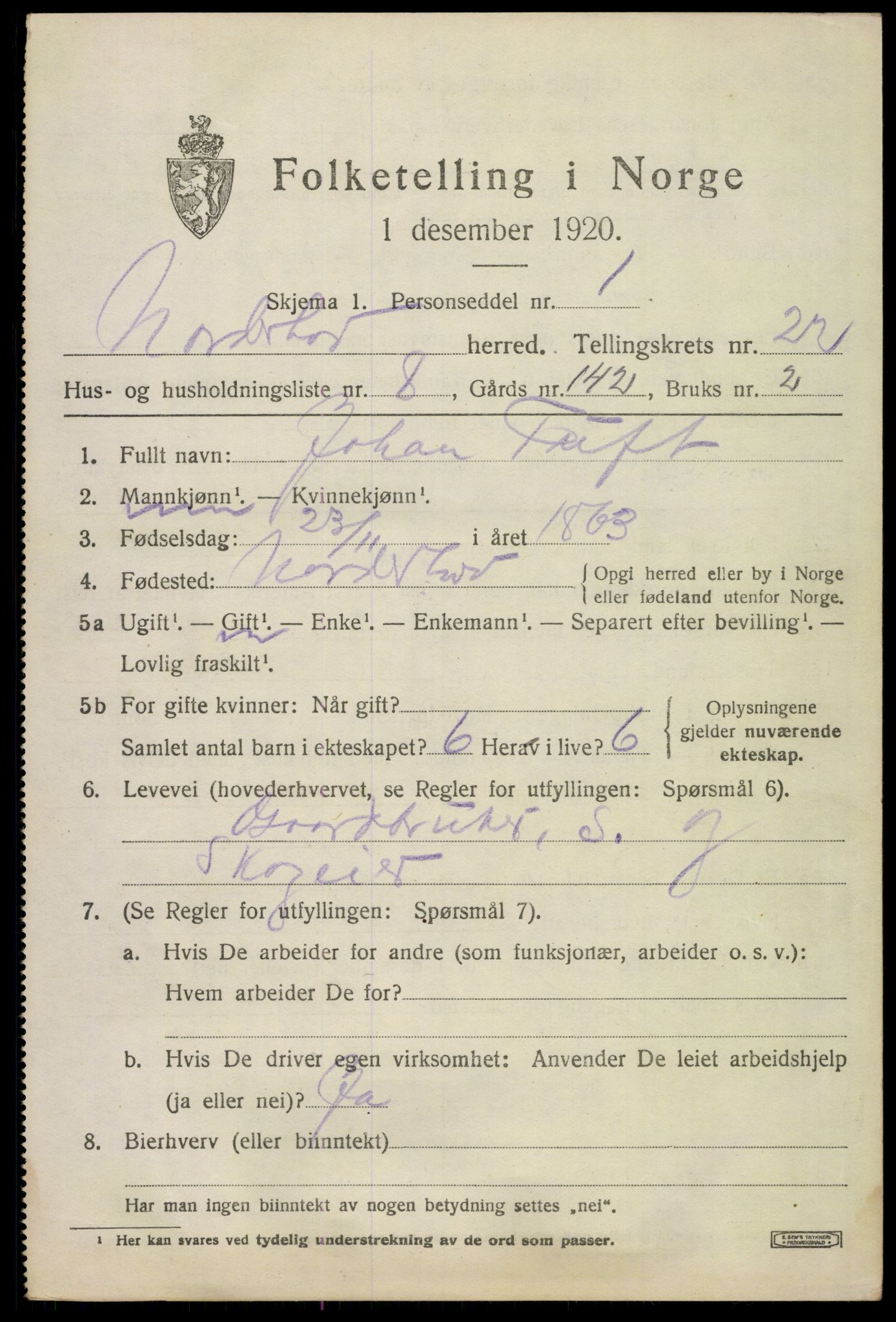 SAKO, 1920 census for Norderhov, 1920, p. 22490