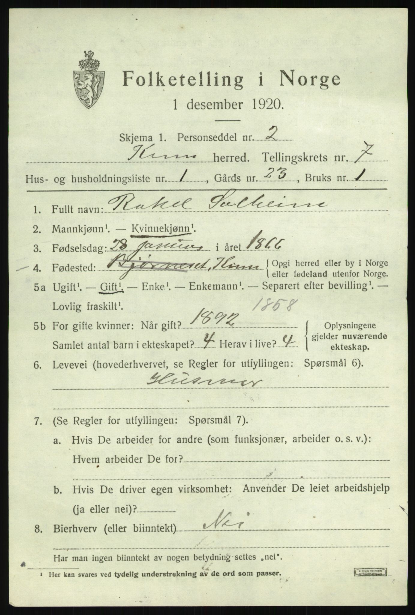 SAB, 1920 census for Kinn, 1920, p. 2833