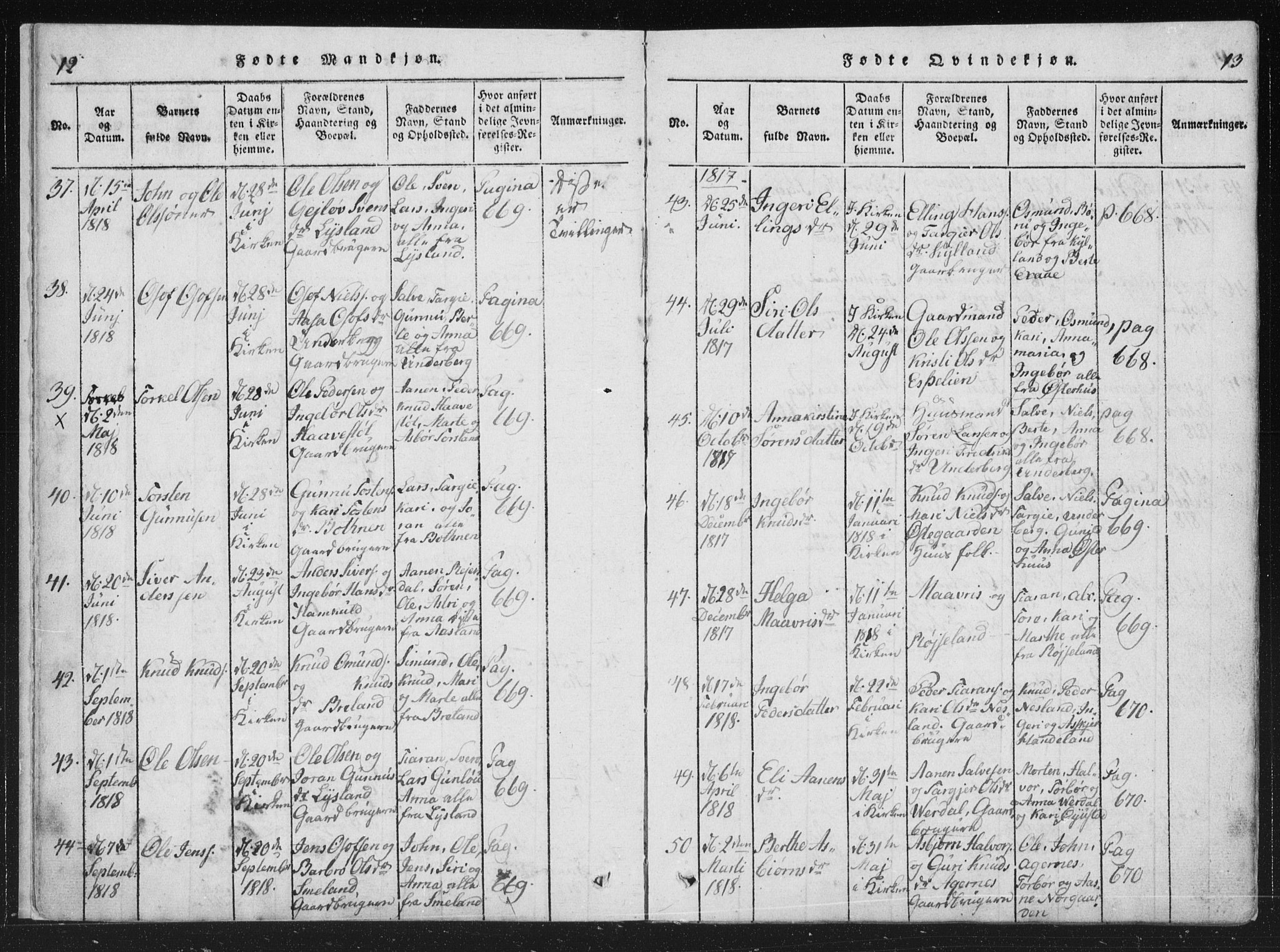 Åseral sokneprestkontor, SAK/1111-0051/F/Fa/L0001: Parish register (official) no. A 1, 1815-1853, p. 12-13