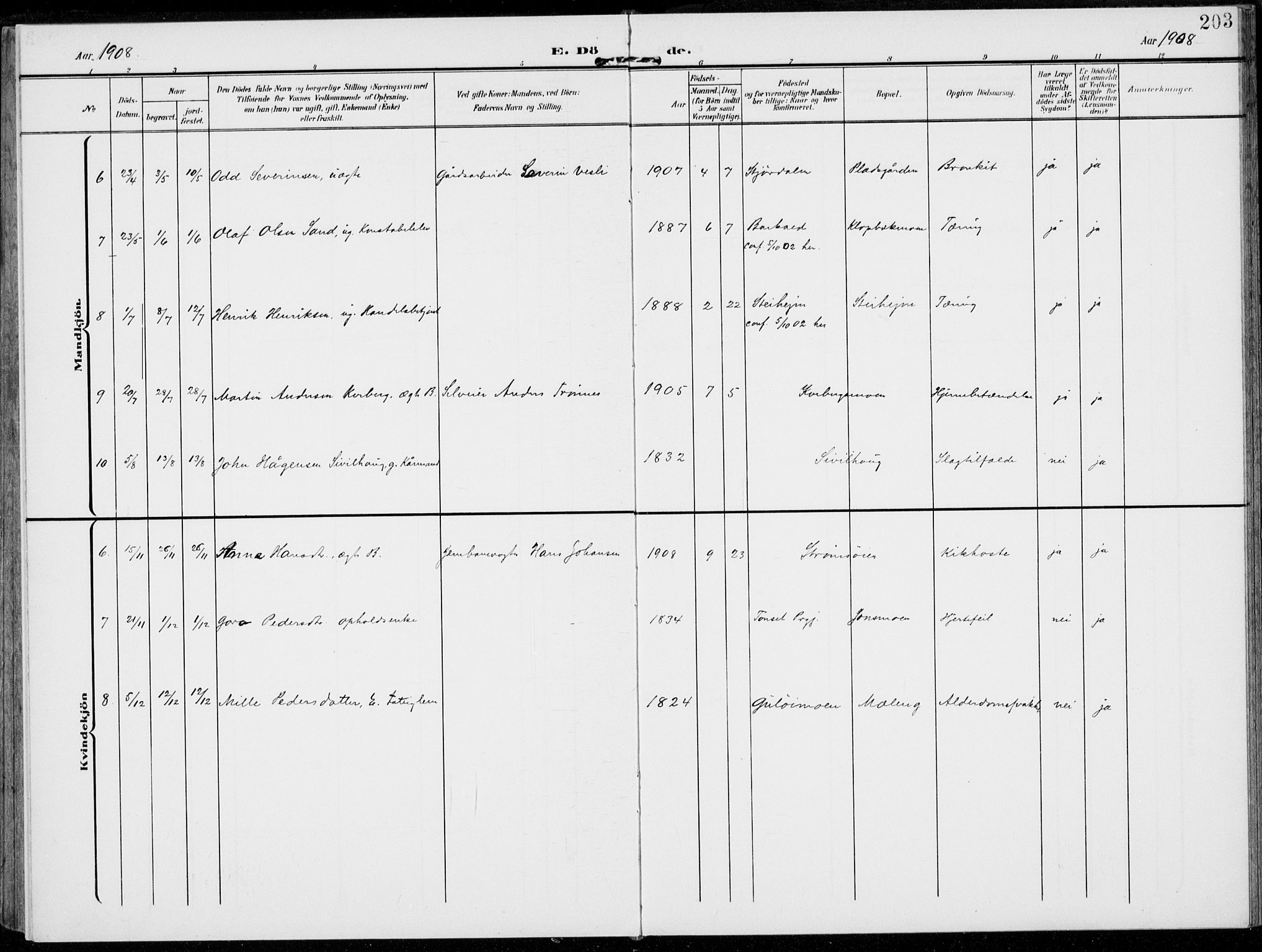 Alvdal prestekontor, SAH/PREST-060/H/Ha/Haa/L0004: Parish register (official) no. 4, 1907-1919, p. 203