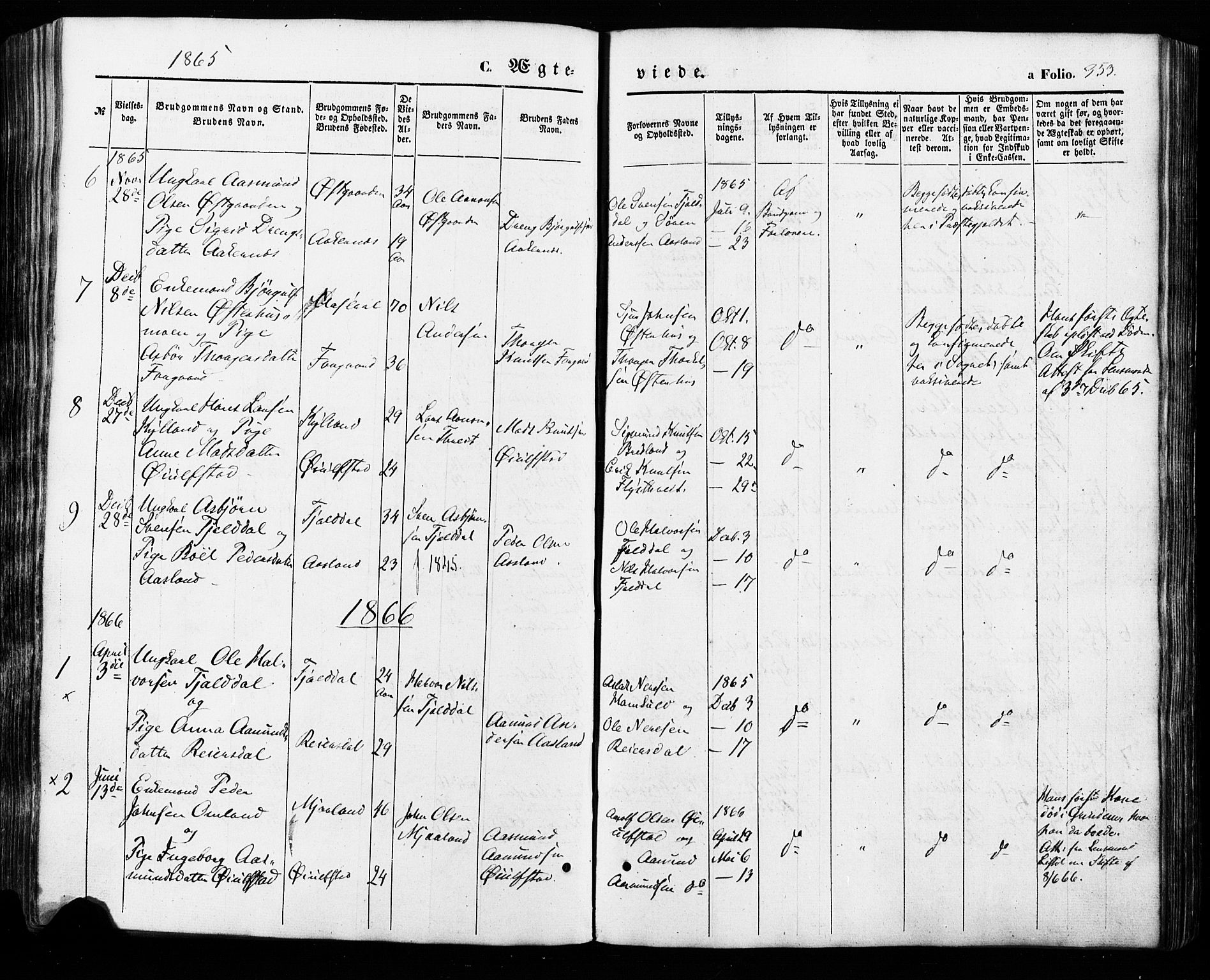 Åseral sokneprestkontor, AV/SAK-1111-0051/F/Fa/L0002: Parish register (official) no. A 2, 1854-1884, p. 353