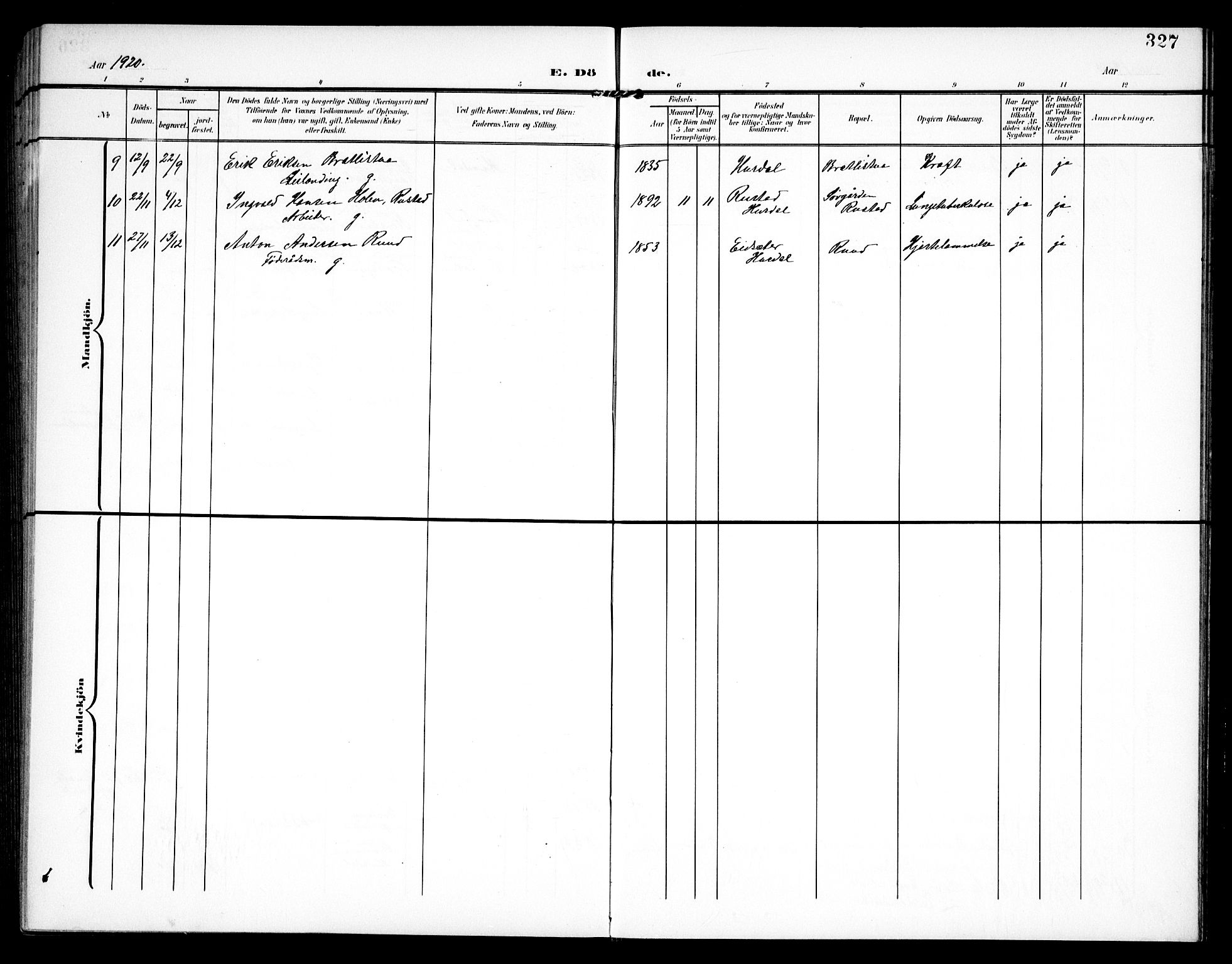 Hurdal prestekontor Kirkebøker, AV/SAO-A-10889/G/Ga/L0001: Parish register (copy) no. I 1, 1902-1934, p. 327