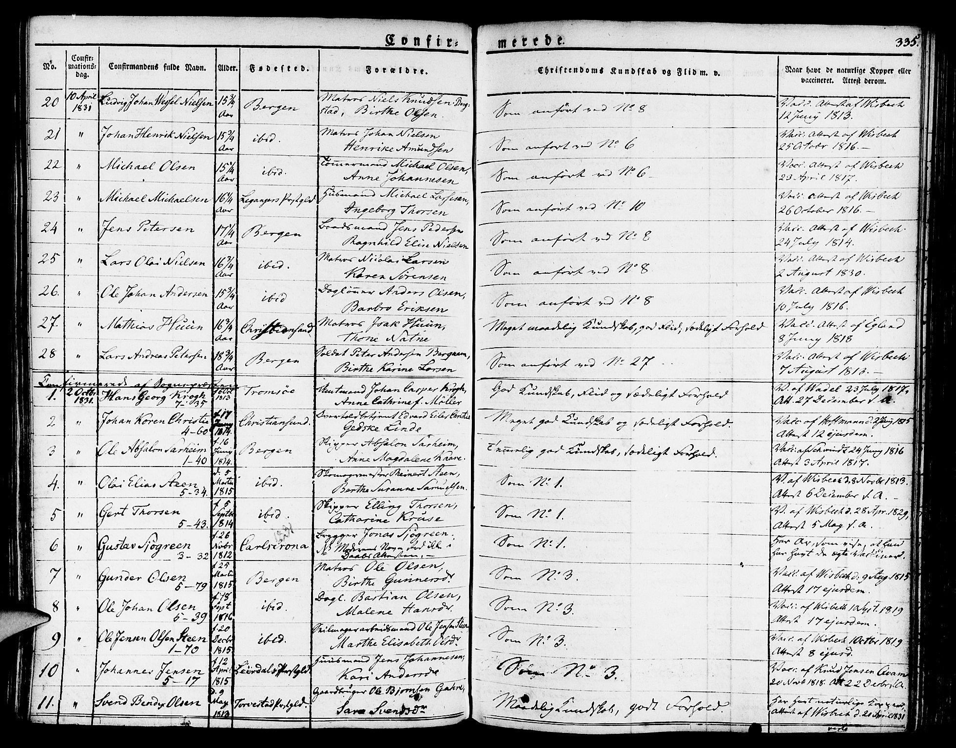 Nykirken Sokneprestembete, SAB/A-77101/H/Haa/L0012: Parish register (official) no. A 12, 1821-1844, p. 335