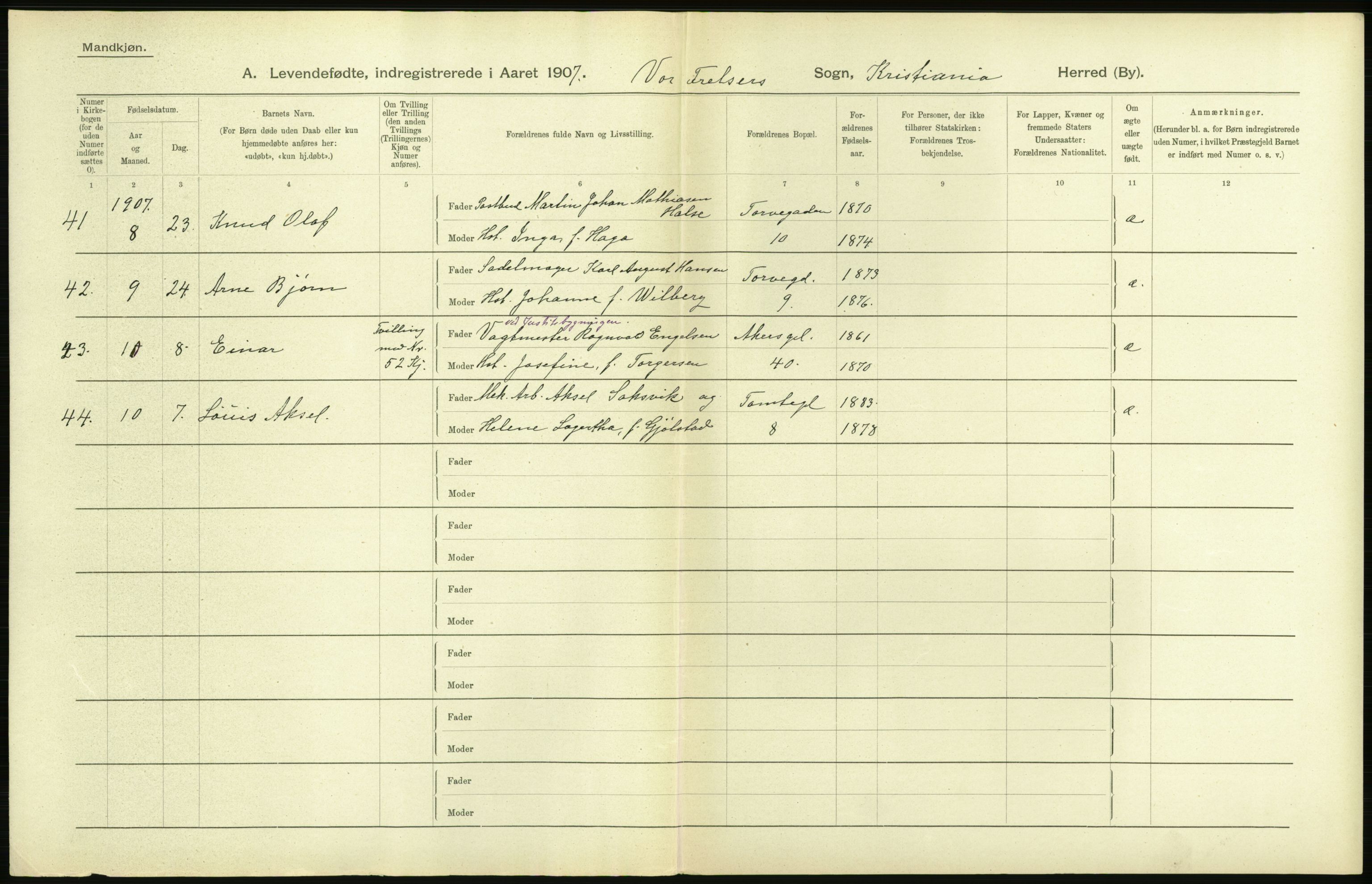 Statistisk sentralbyrå, Sosiodemografiske emner, Befolkning, AV/RA-S-2228/D/Df/Dfa/Dfae/L0006: Kristiania: Levendefødte menn og kvinner., 1907, p. 4