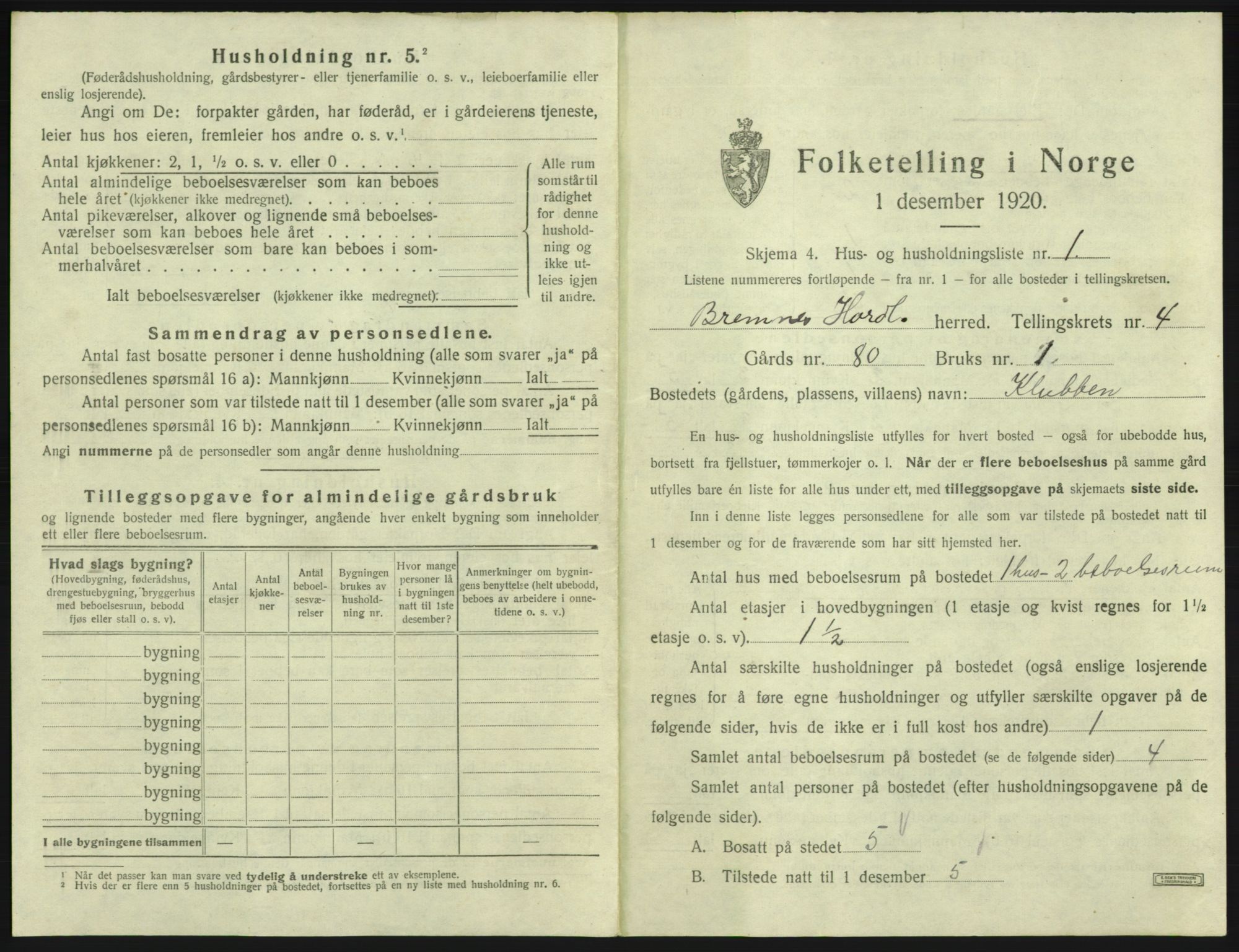 SAB, 1920 census for Bremnes, 1920, p. 158