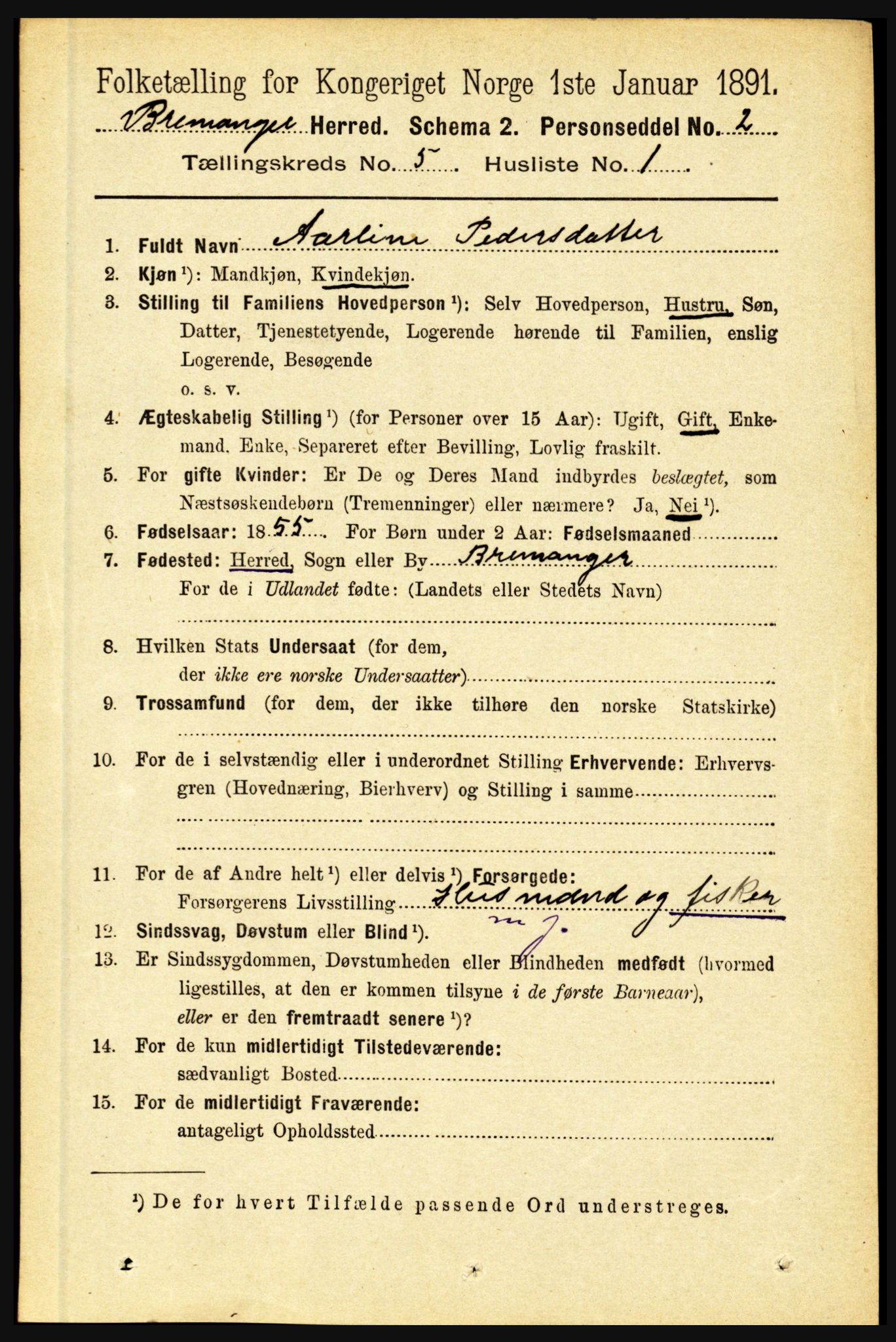 RA, 1891 census for 1438 Bremanger, 1891, p. 1966