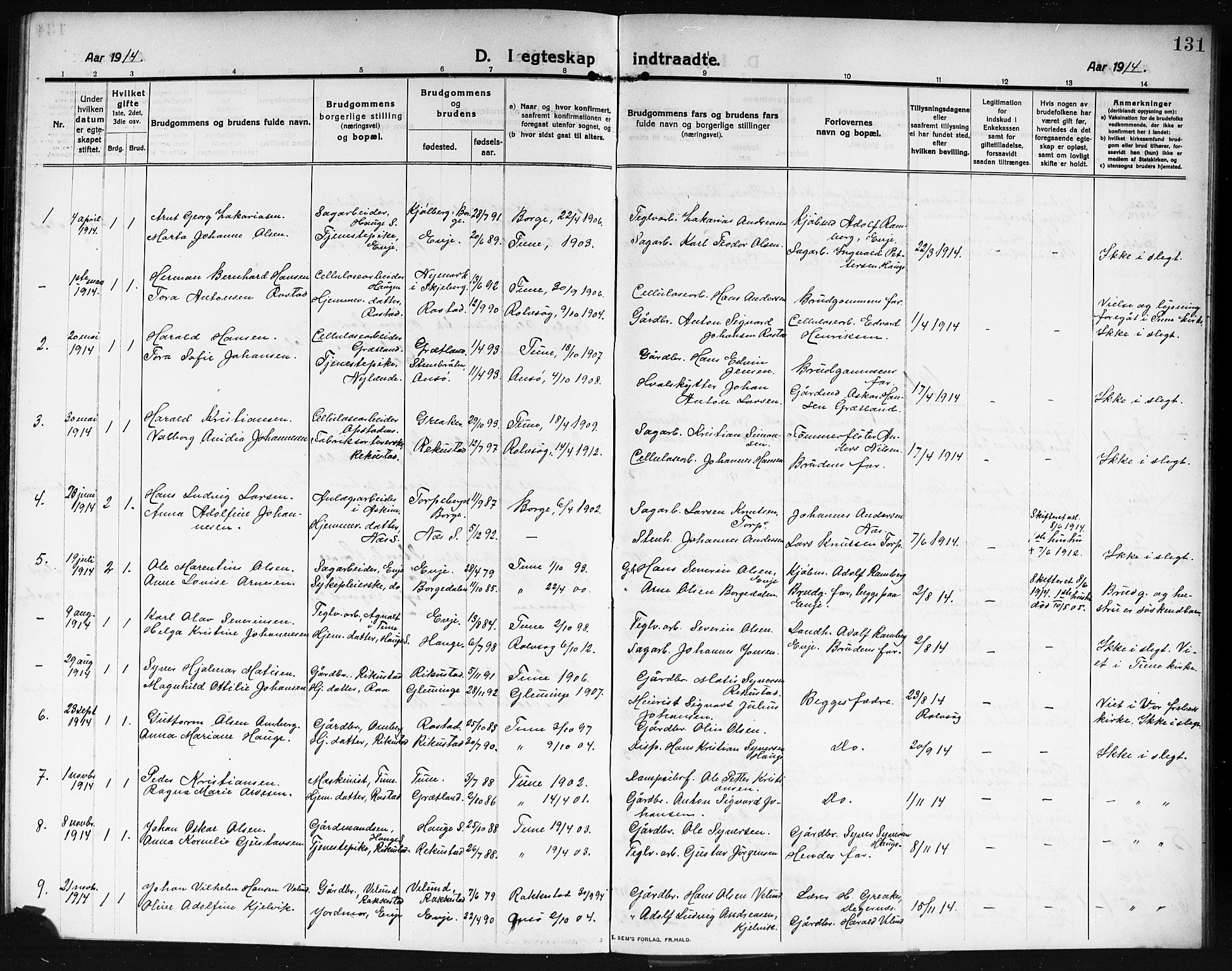 Rolvsøy prestekontor Kirkebøker, AV/SAO-A-2004/G/Ga/L0001: Parish register (copy) no. 1, 1911-1920, p. 131