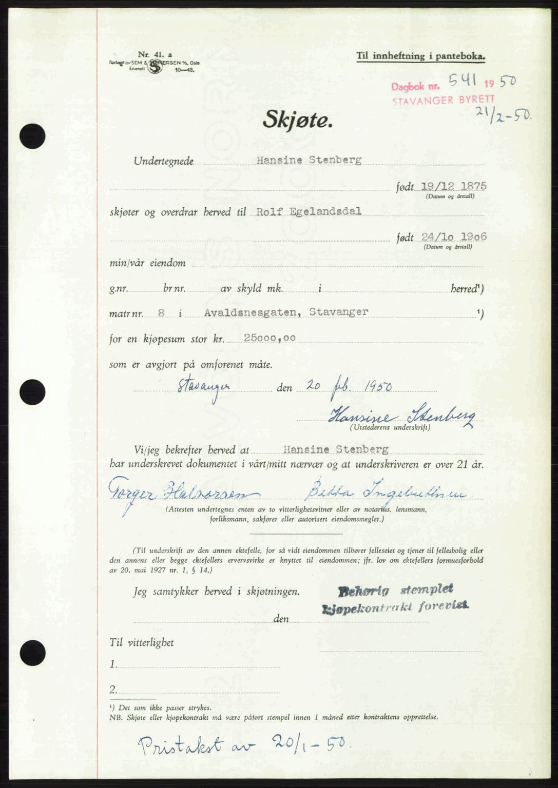 Stavanger byrett, SAST/A-100455/002/G/Gb/L0024: Mortgage book no. A13, 1949-1950, Diary no: : 541/1950