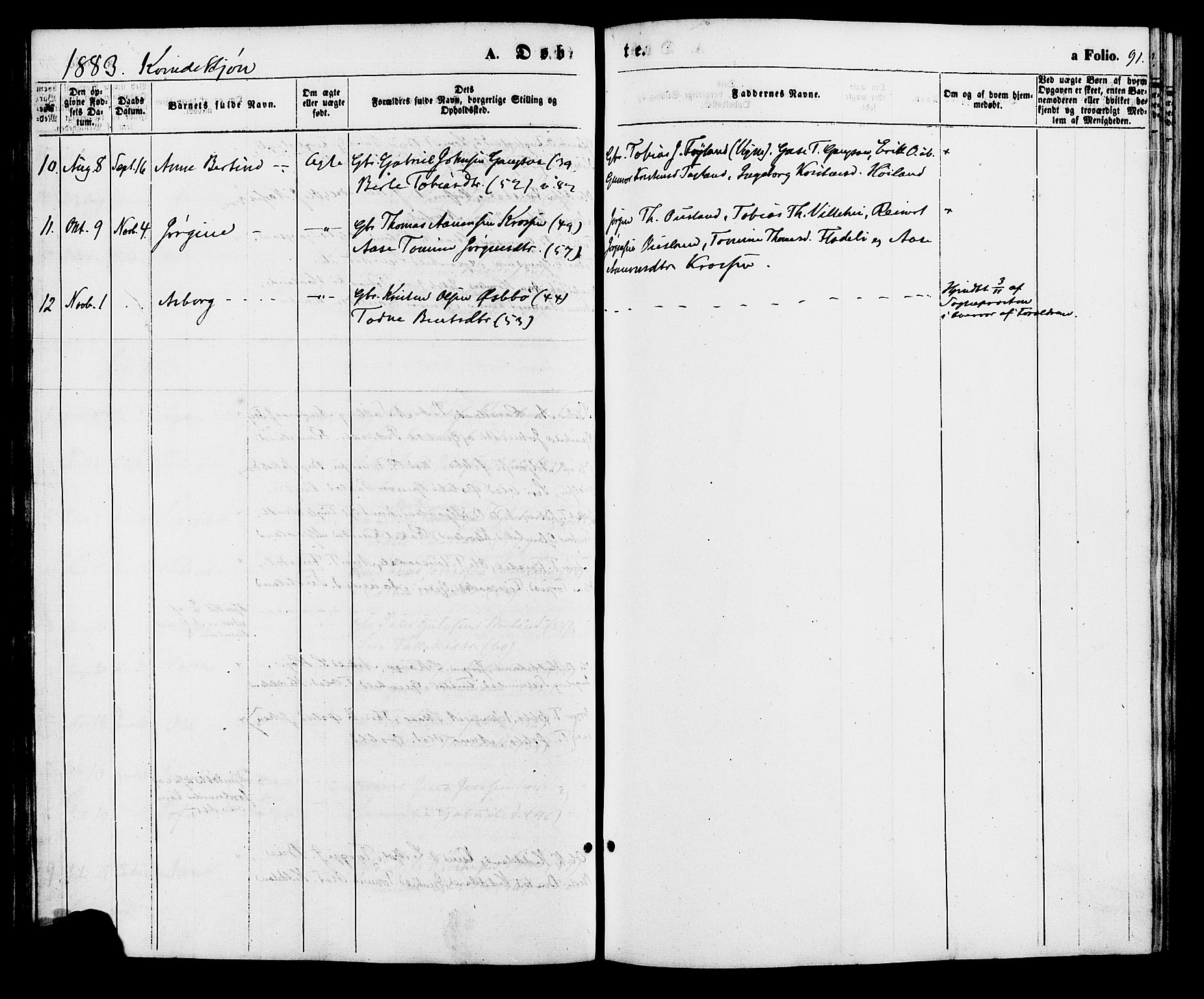 Holum sokneprestkontor, AV/SAK-1111-0022/F/Fa/Fac/L0003: Parish register (official) no. A 3, 1860-1883, p. 91