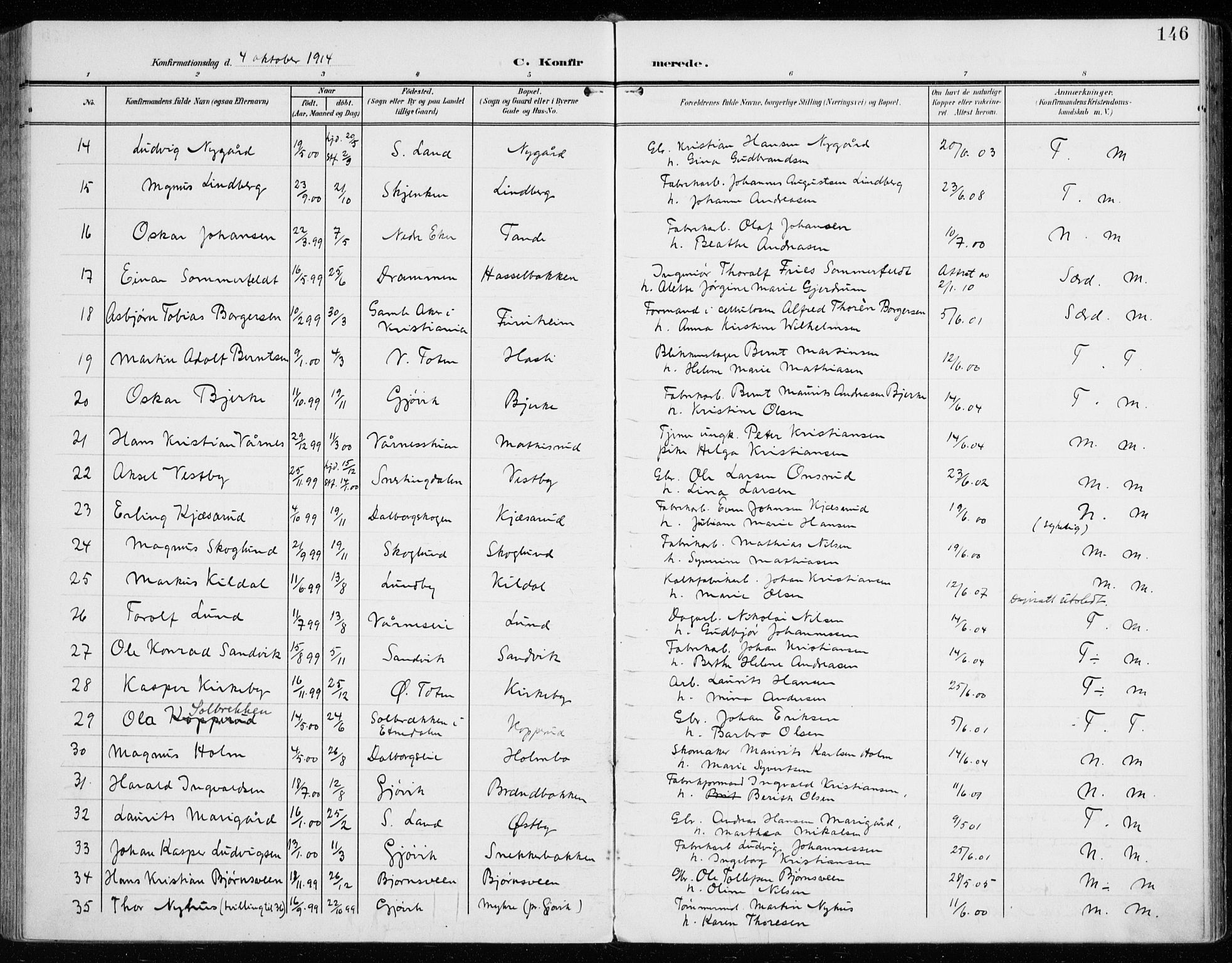 Vardal prestekontor, SAH/PREST-100/H/Ha/Haa/L0016: Parish register (official) no. 16, 1904-1916, p. 146